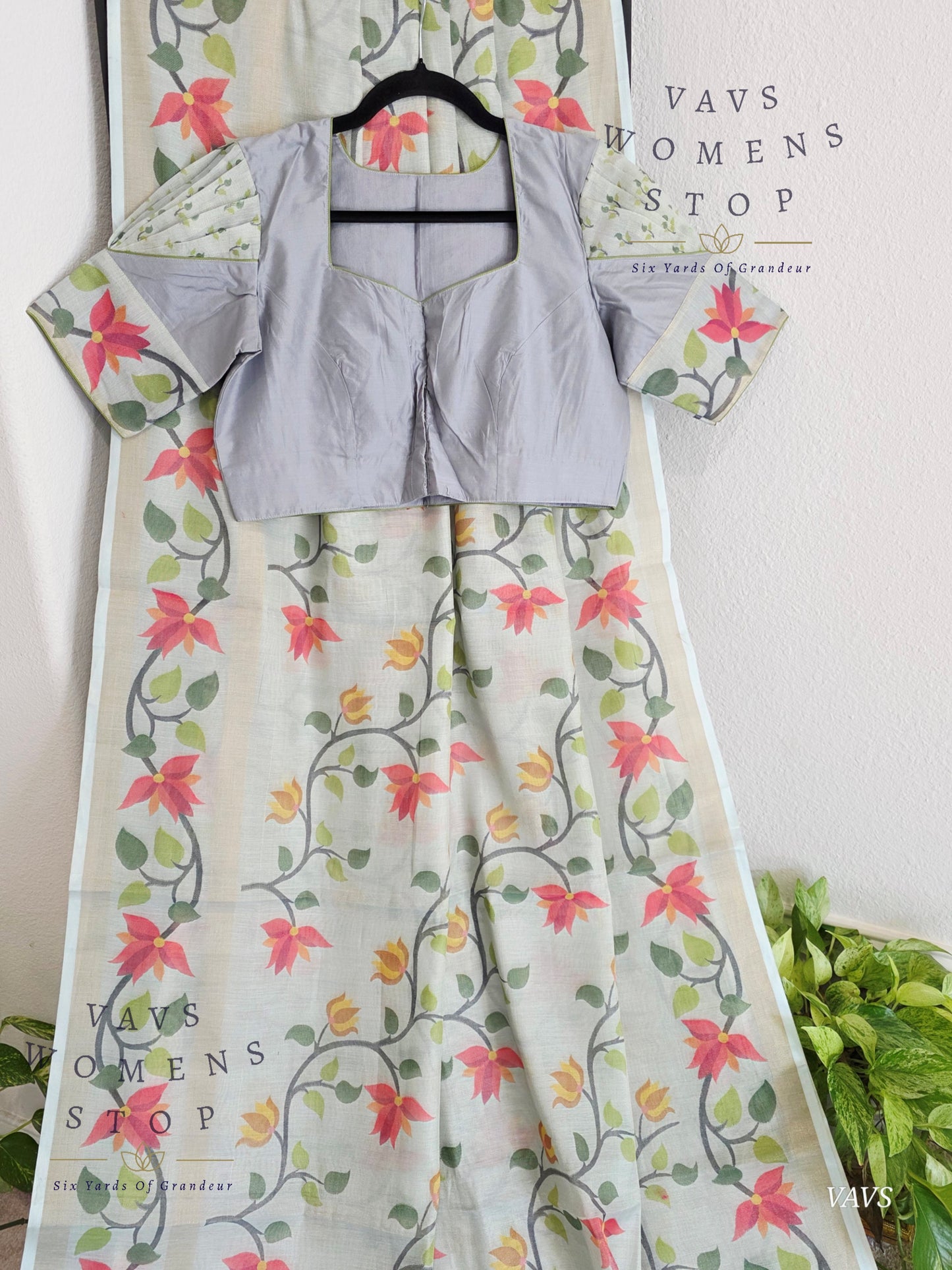 Linen Cotton Tissue Saree with Allover Jamdani Design - Stitched Blouse