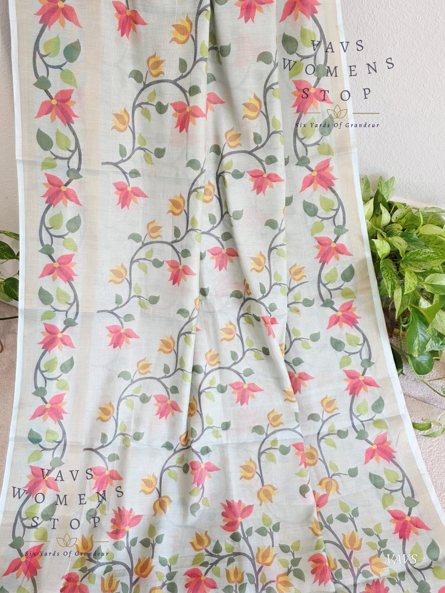 Linen Cotton Tissue Saree with Allover Jamdani Design - Stitched Blouse