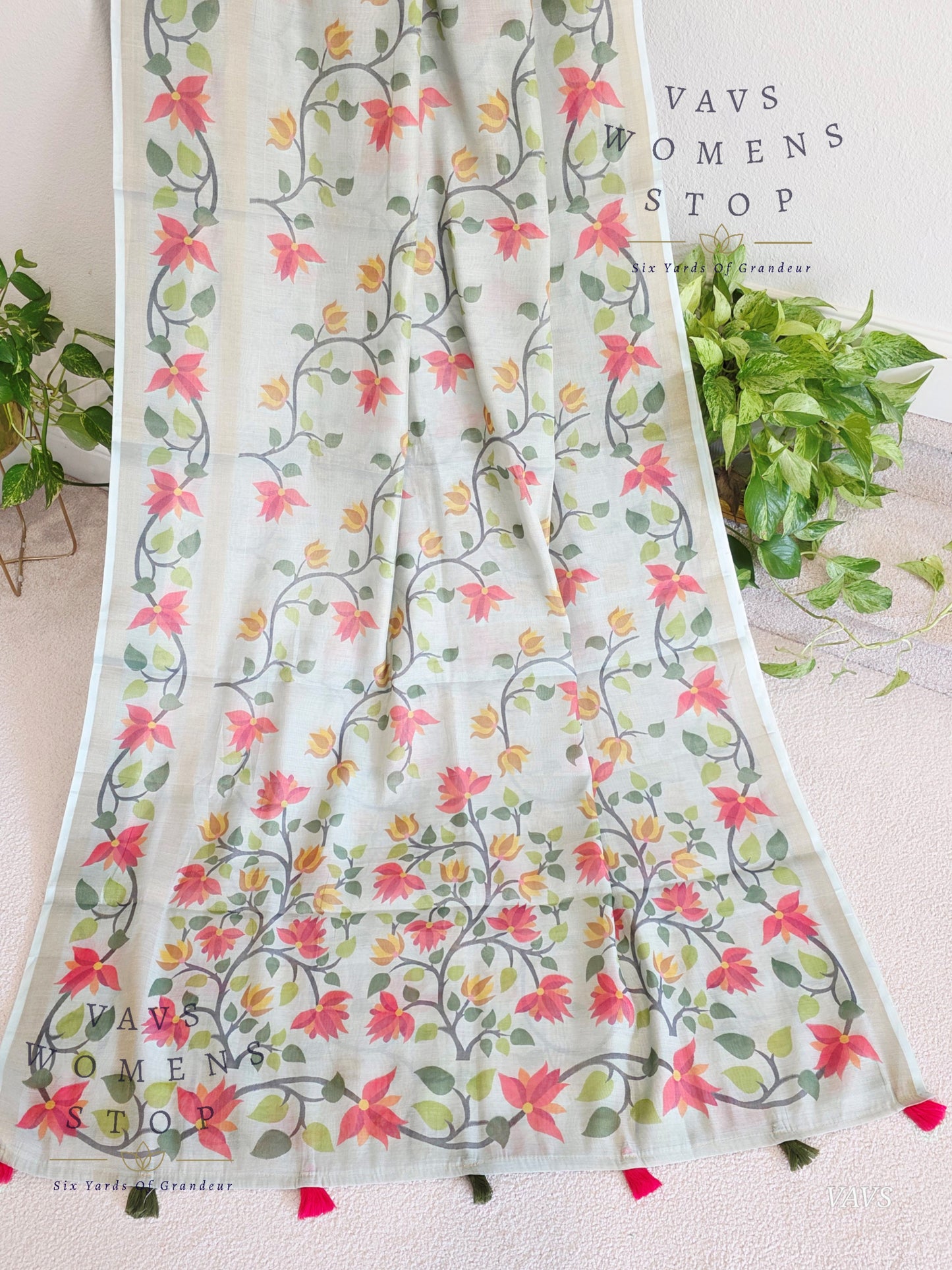 Linen Cotton Tissue Saree with Allover Jamdani Design - Stitched Blouse