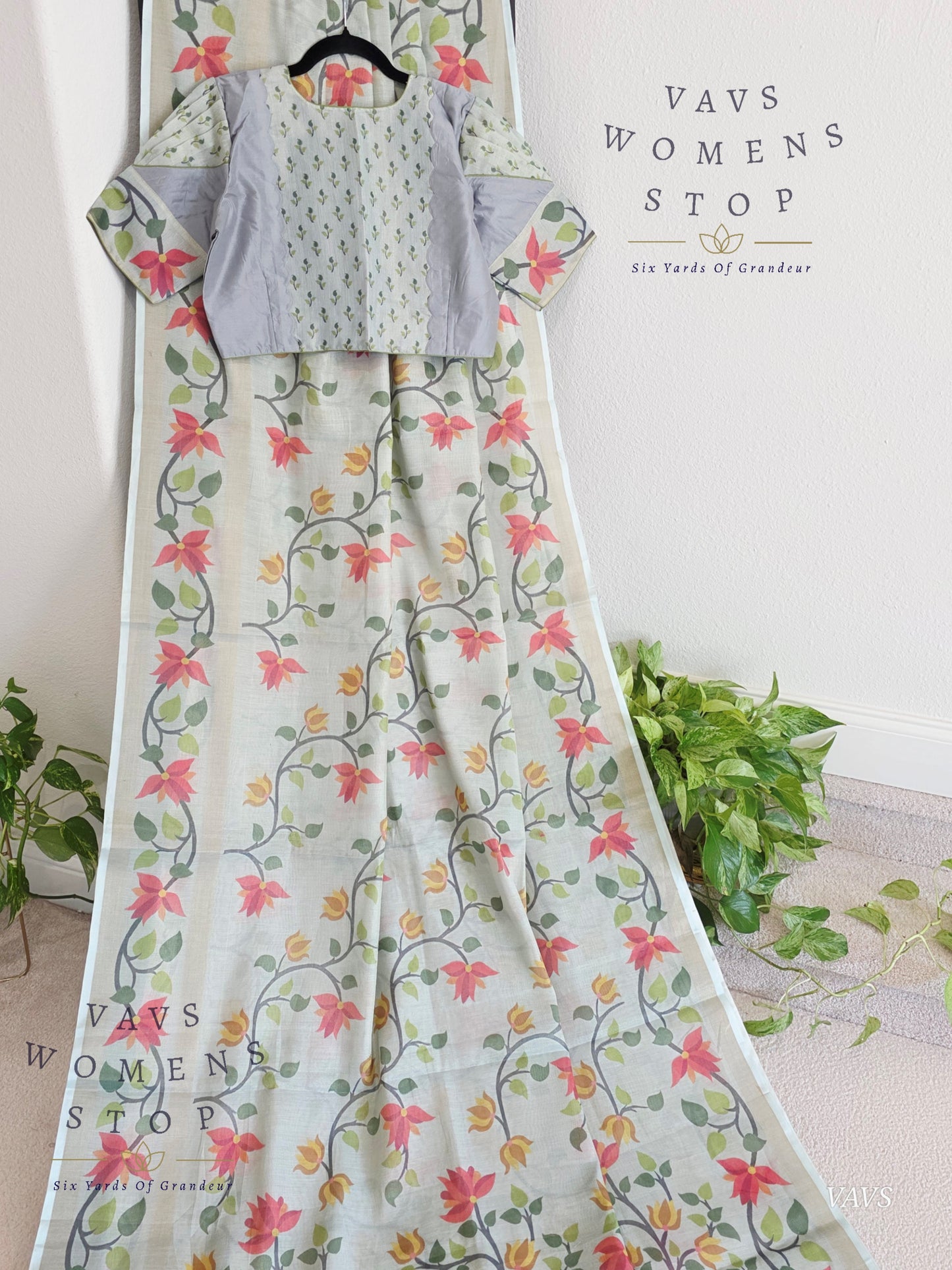 Linen Cotton Tissue Saree with Allover Jamdani Design - Stitched Blouse