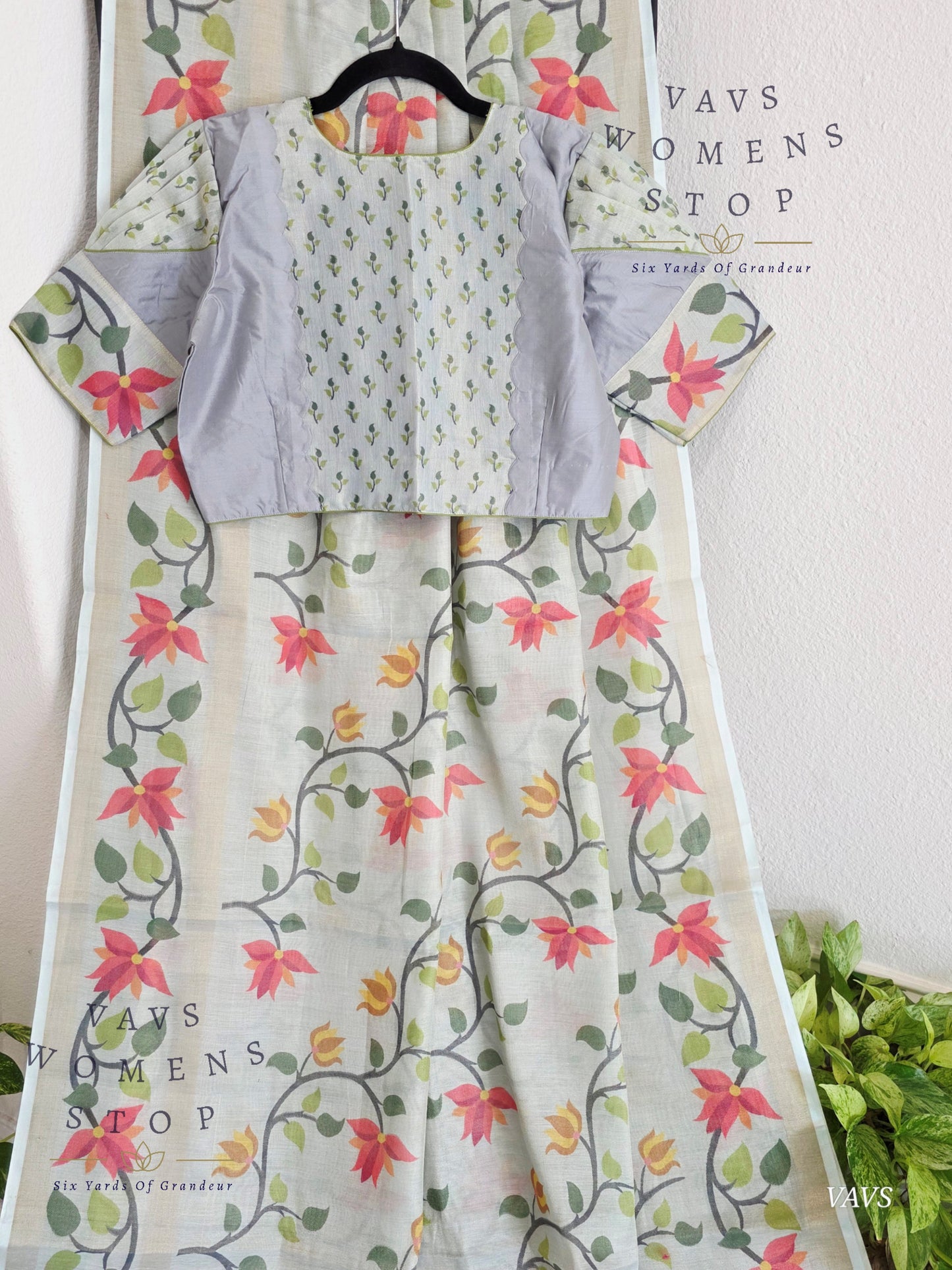 Linen Cotton Tissue Saree with Allover Jamdani Design - Stitched Blouse