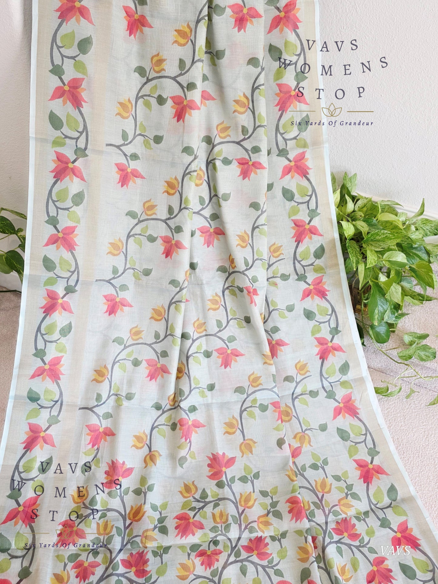 Linen Cotton Tissue Saree with Allover Jamdani Design - Stitched Blouse