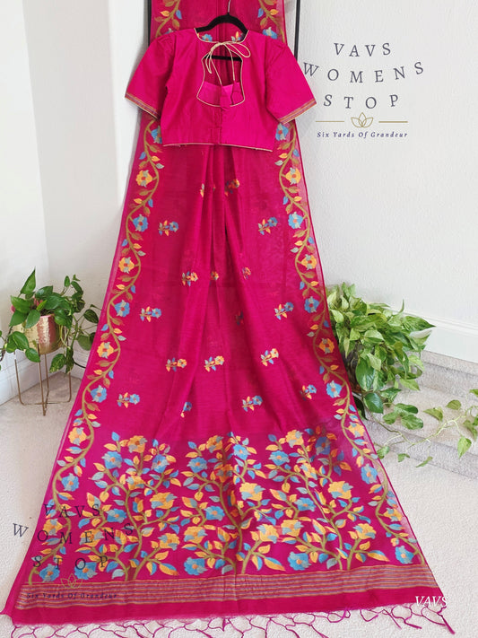 Semi Matka Silk Jamdani Saree with stitched Blouse