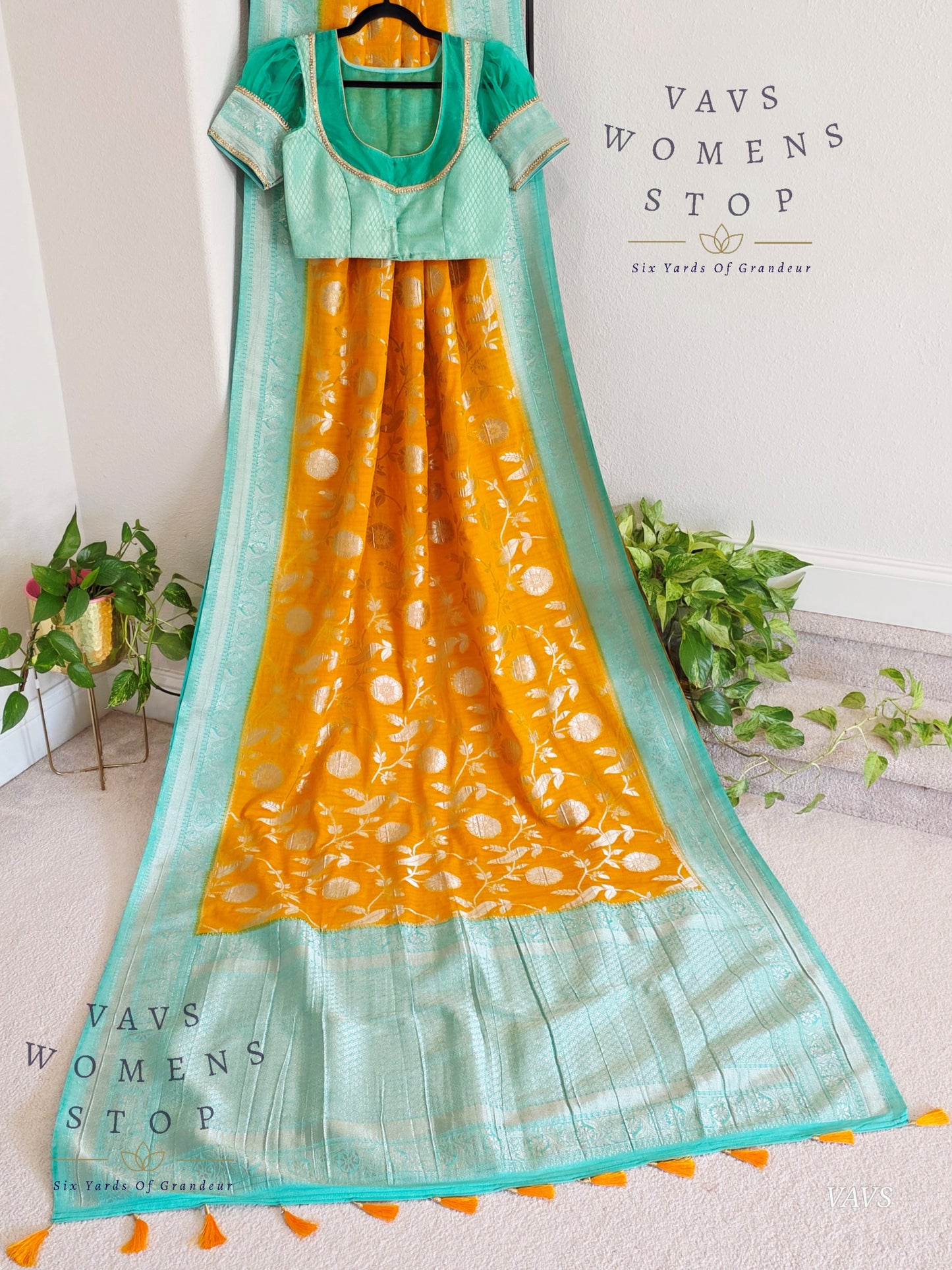 Yellow Banarasi Semi Tussar Georgette Saree with All Over Meenakari & Sea Green Border | Stitched Blouse |
