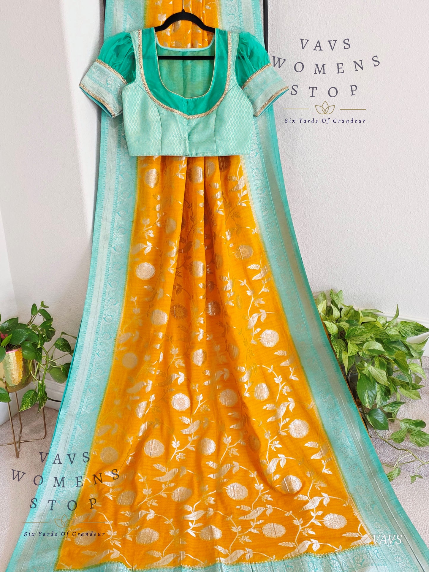 Yellow Banarasi Semi Tussar Georgette Saree with All Over Meenakari & Sea Green Border | Stitched Blouse |