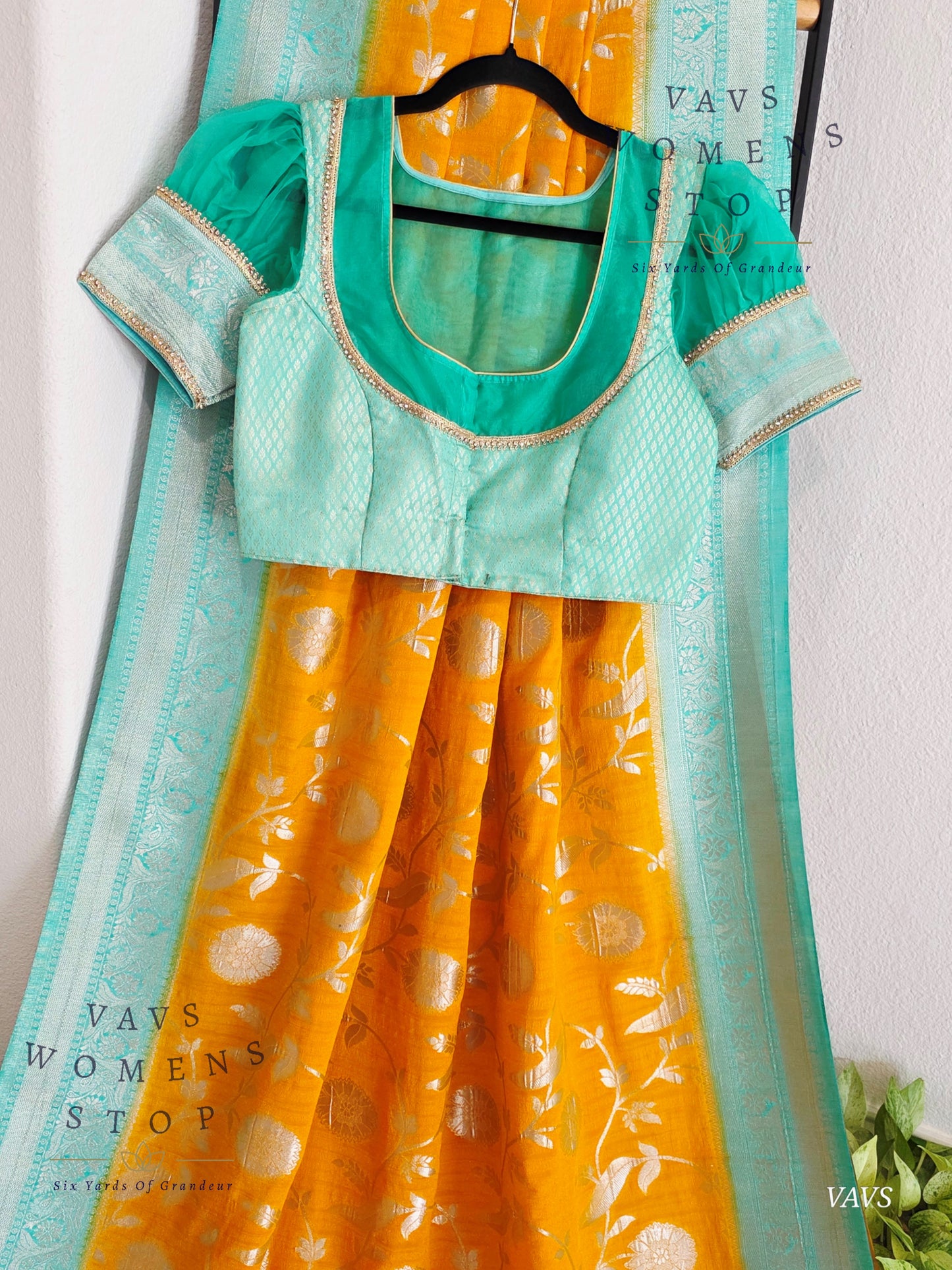 Yellow Banarasi Semi Tussar Georgette Saree with All Over Meenakari & Sea Green Border | Stitched Blouse |