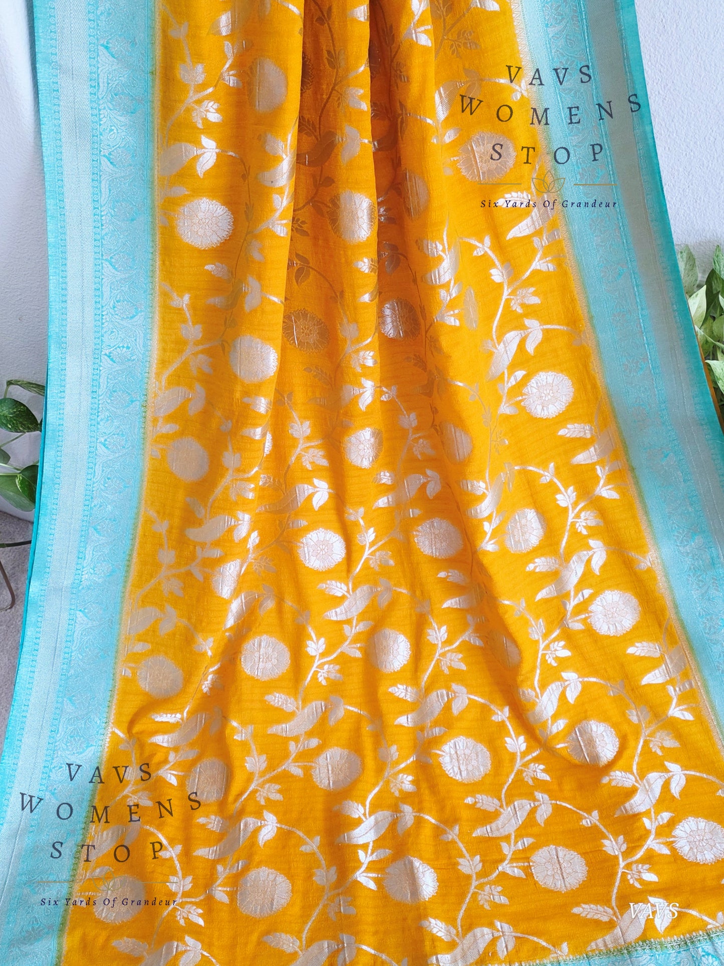 Yellow Banarasi Semi Tussar Georgette Saree with All Over Meenakari & Sea Green Border | Stitched Blouse |