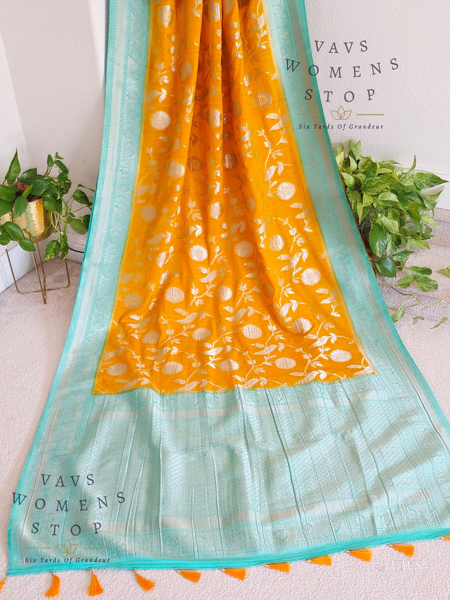 Yellow Banarasi Semi Tussar Georgette Saree with All Over Meenakari & Sea Green Border | Stitched Blouse |