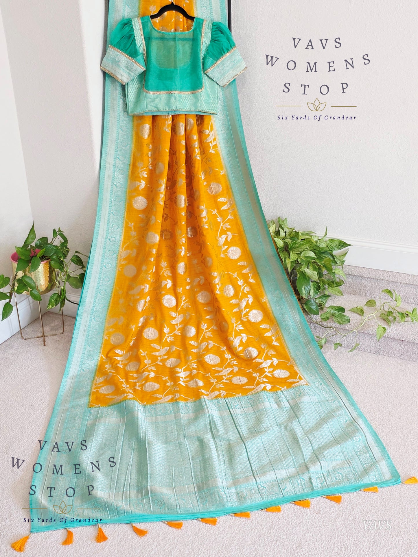 Yellow Banarasi Semi Tussar Georgette Saree with All Over Meenakari & Sea Green Border | Stitched Blouse |