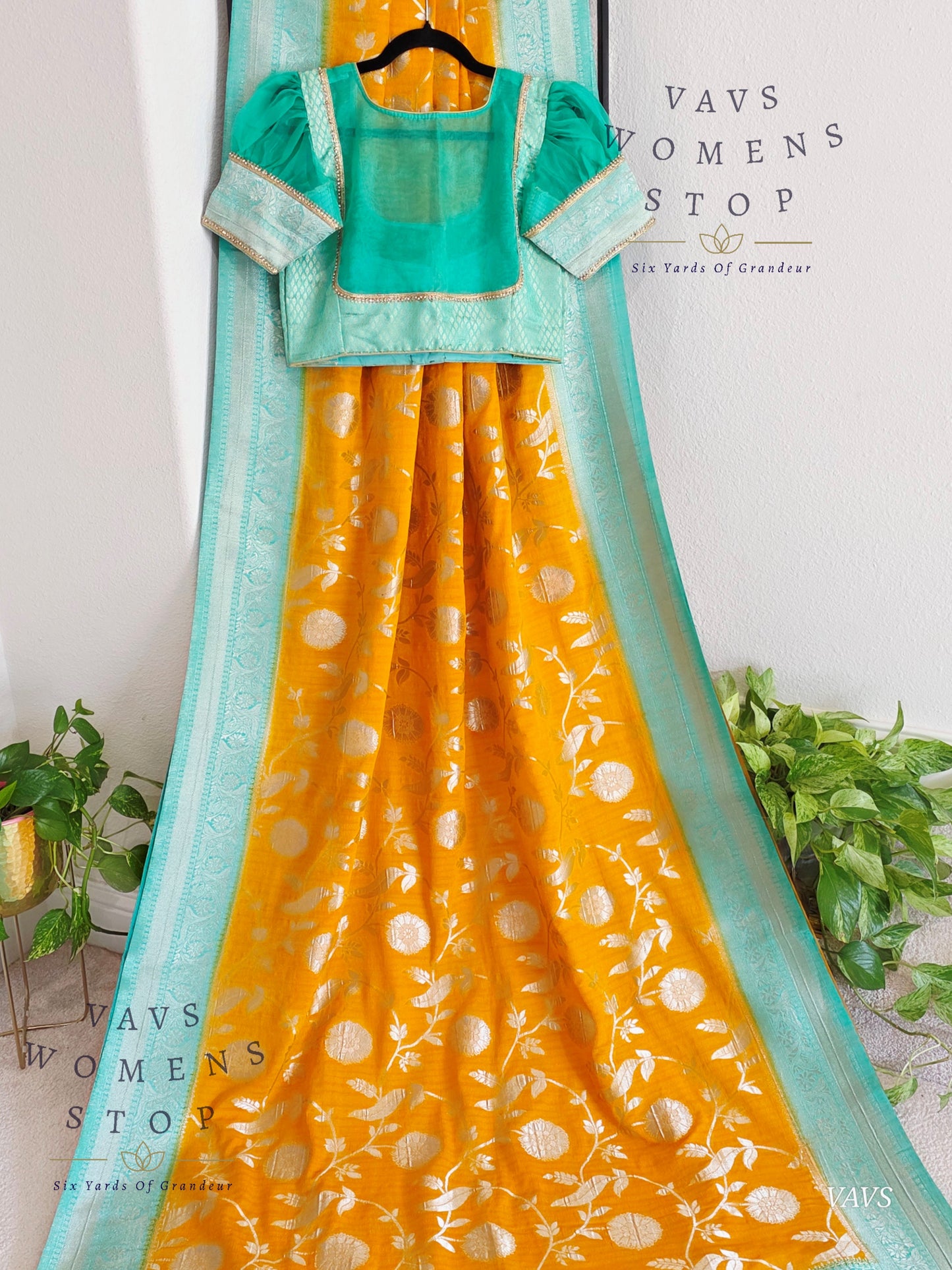 Yellow Banarasi Semi Tussar Georgette Saree with All Over Meenakari & Sea Green Border | Stitched Blouse |