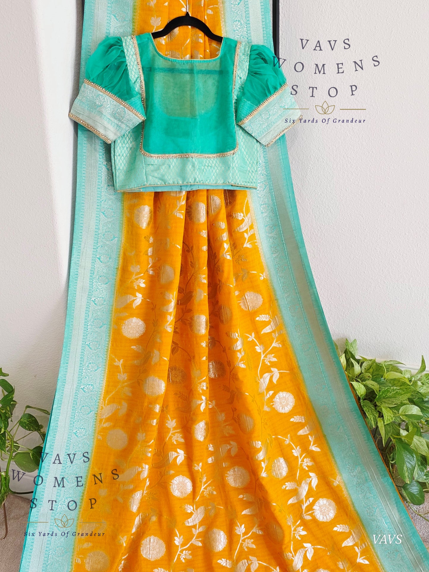 Yellow Banarasi Semi Tussar Georgette Saree with All Over Meenakari & Sea Green Border | Stitched Blouse |