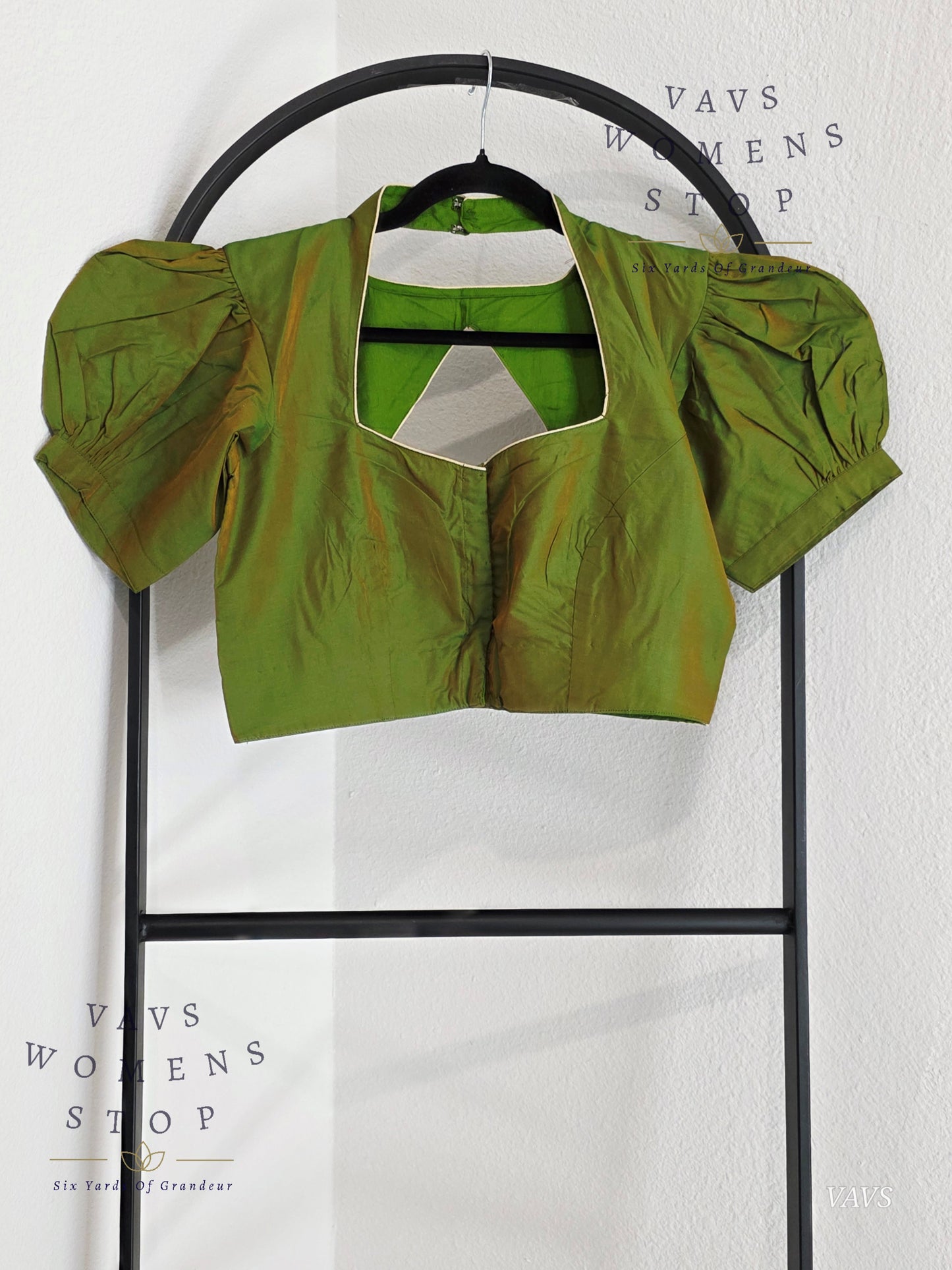 Green Shade Puff Sleeves Stitched Blouse