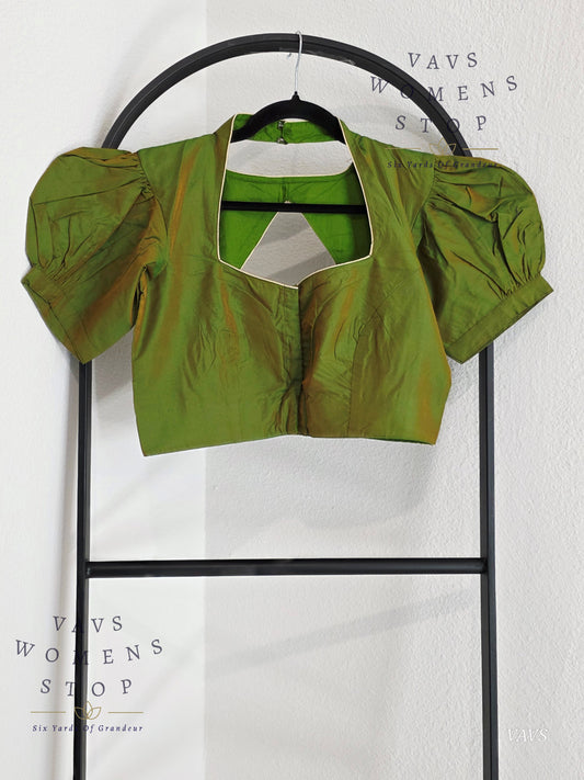 Green Shade Puff Sleeves Stitched Blouse
