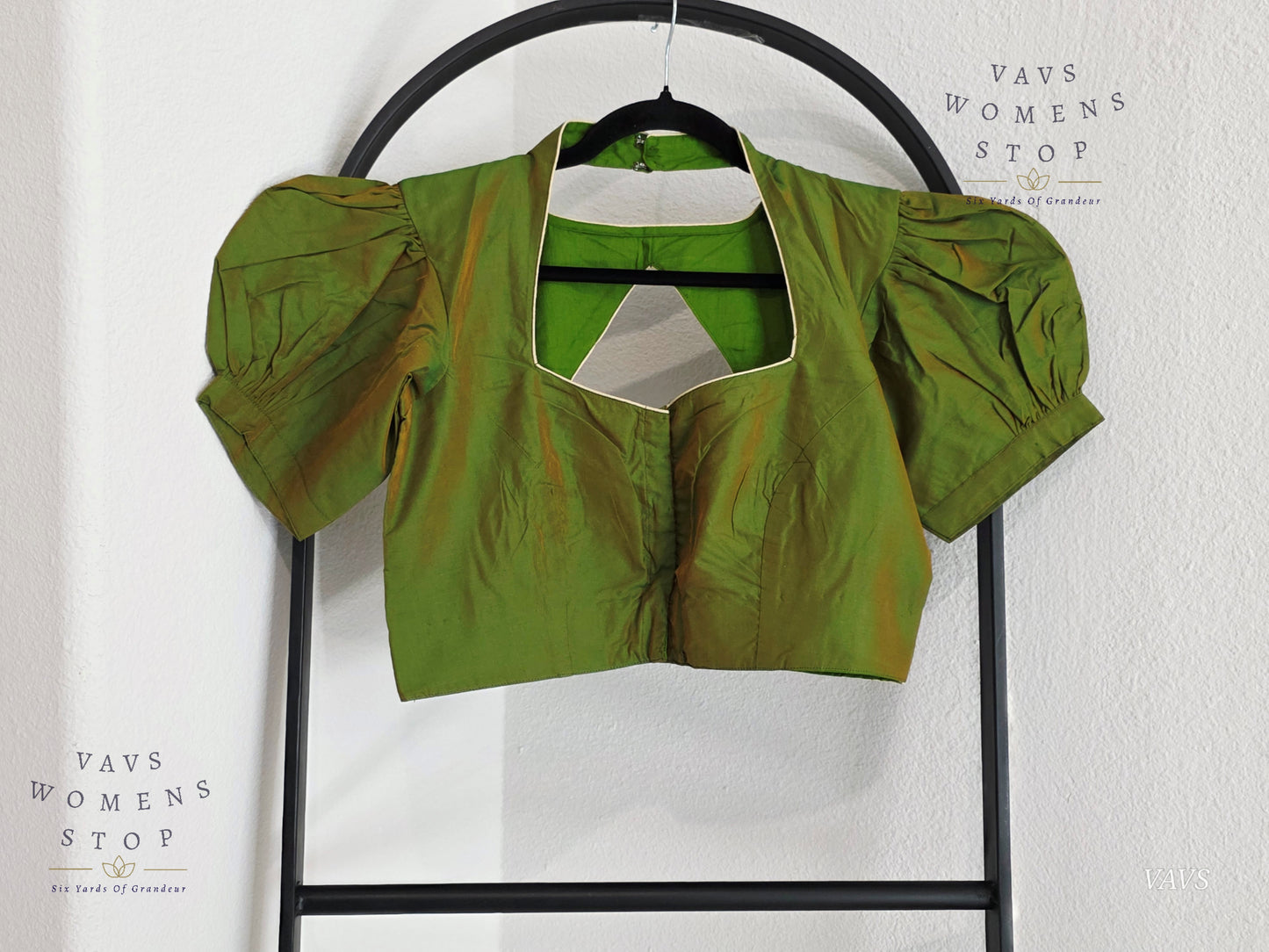 Green Shade Puff Sleeves Stitched Blouse