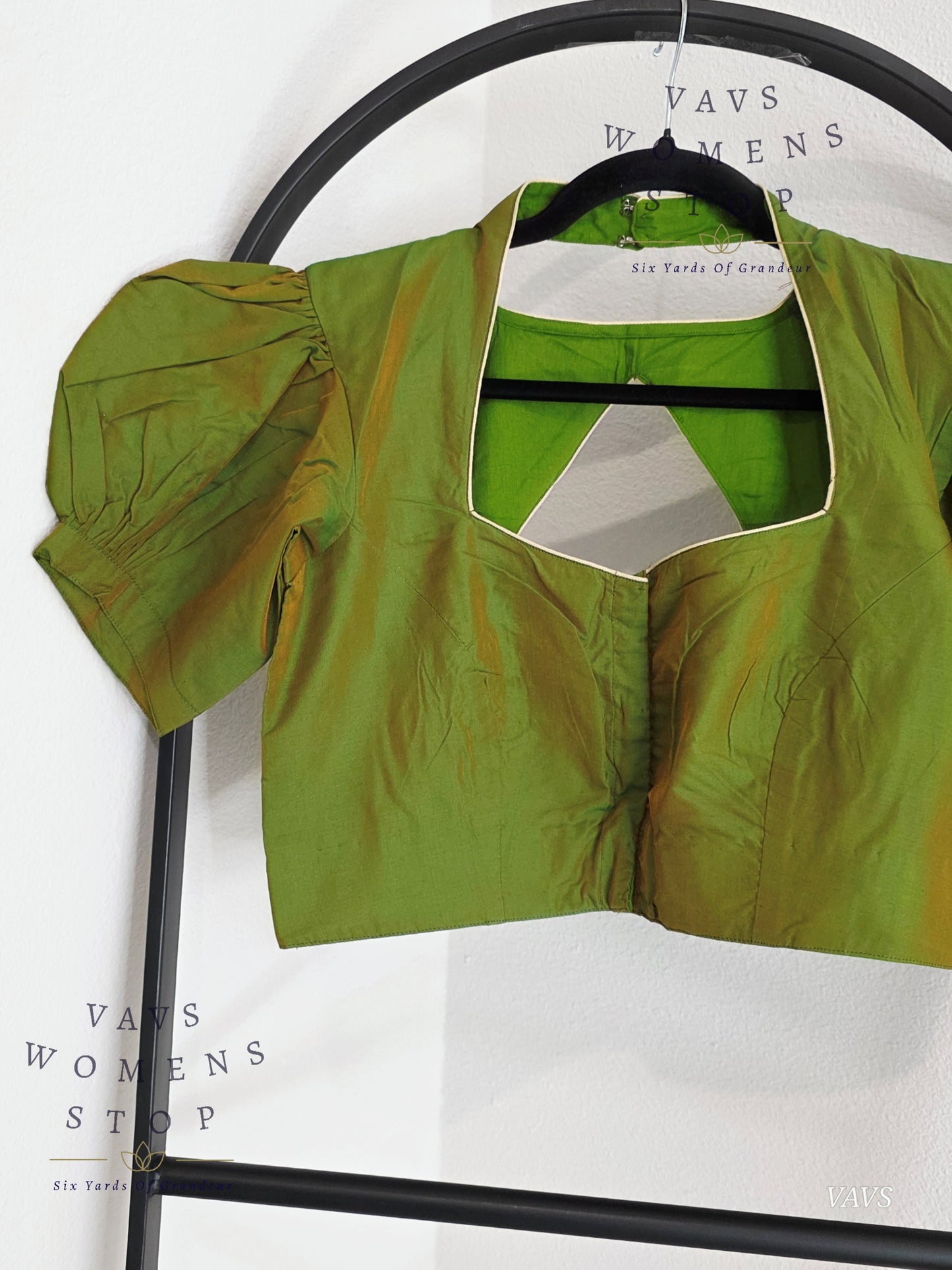 Green Shade Puff Sleeves Stitched Blouse