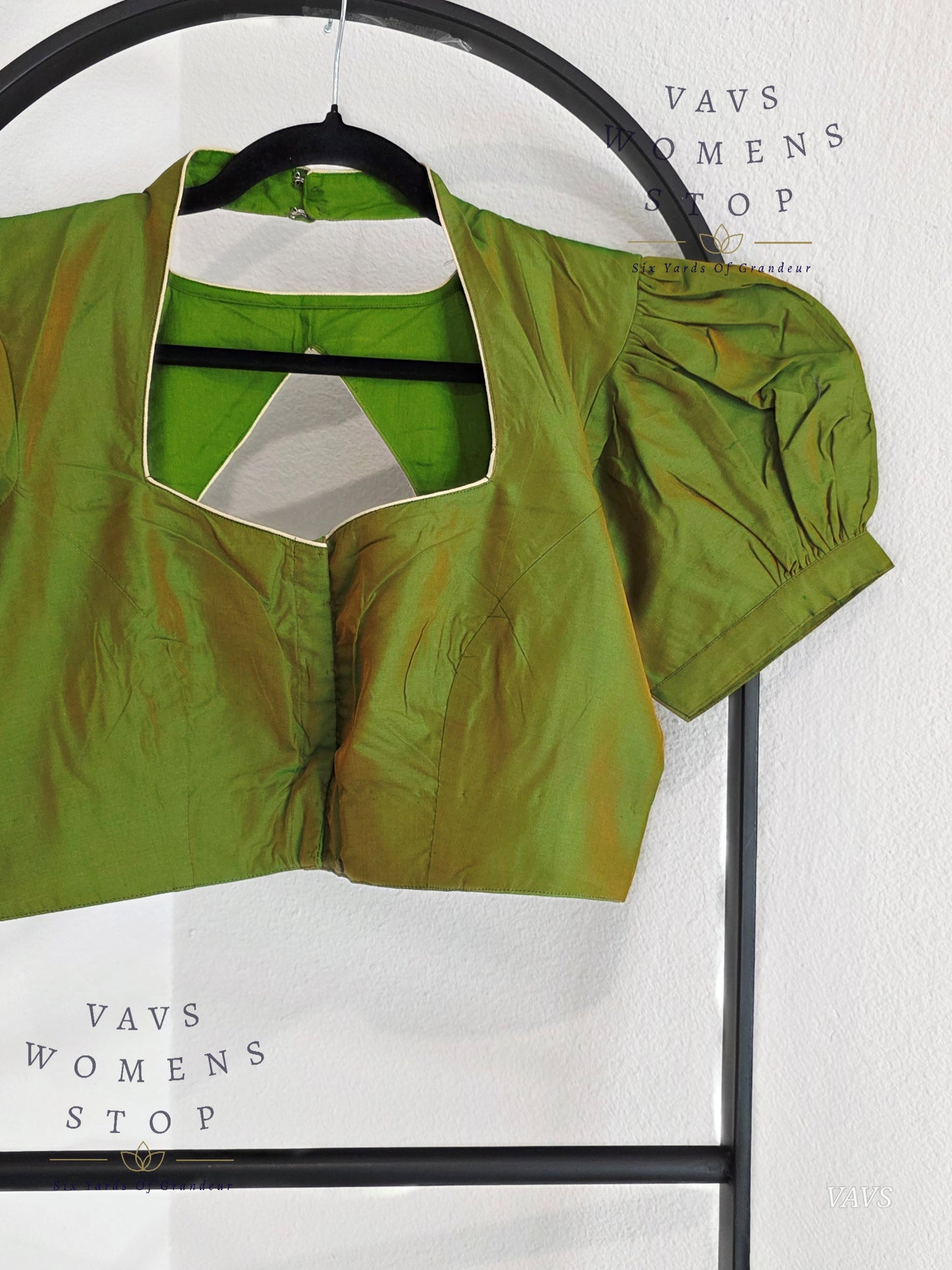 Green Shade Puff Sleeves Stitched Blouse