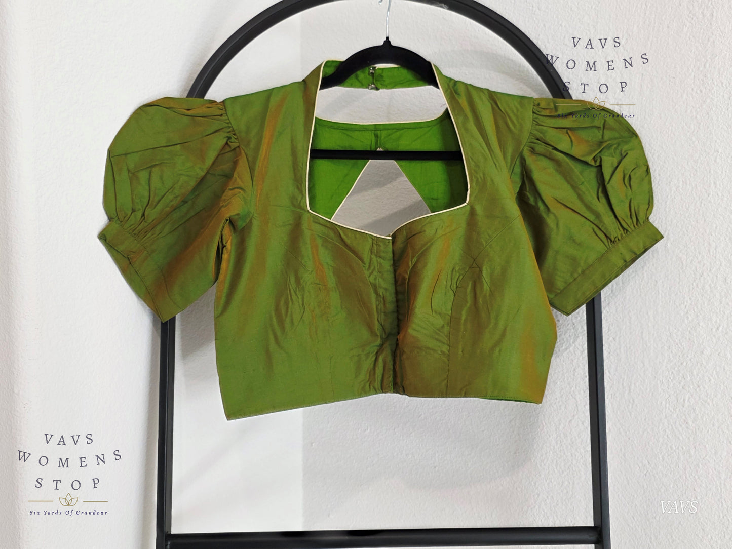 Green Shade Puff Sleeves Stitched Blouse