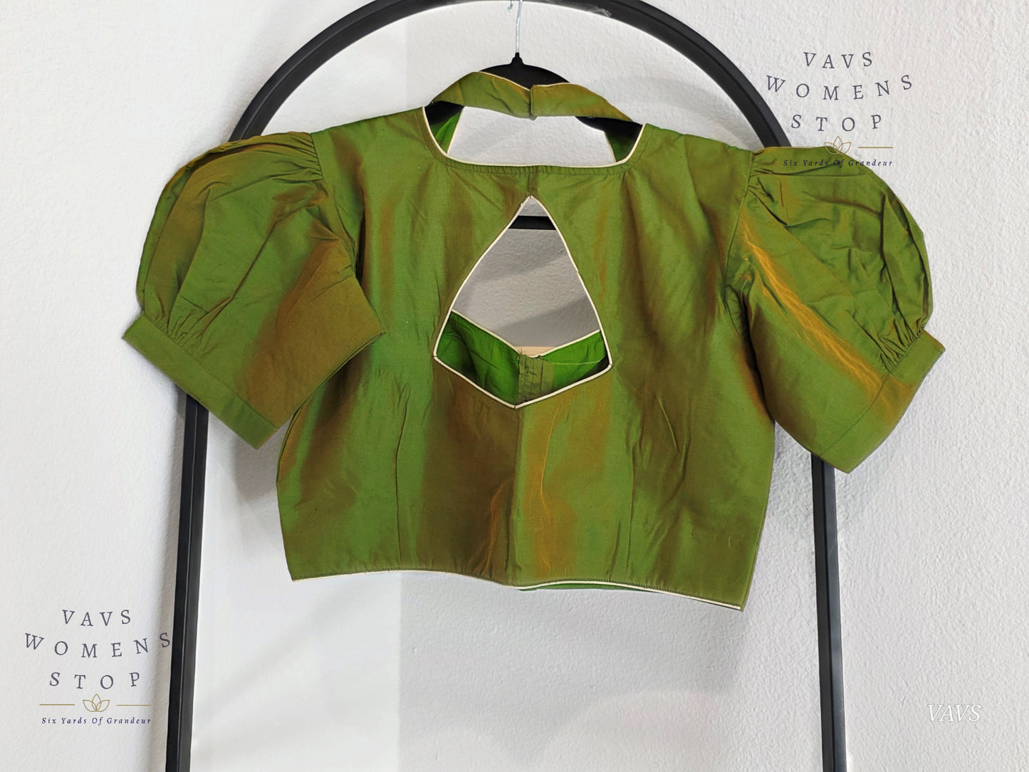 Green Shade Puff Sleeves Stitched Blouse
