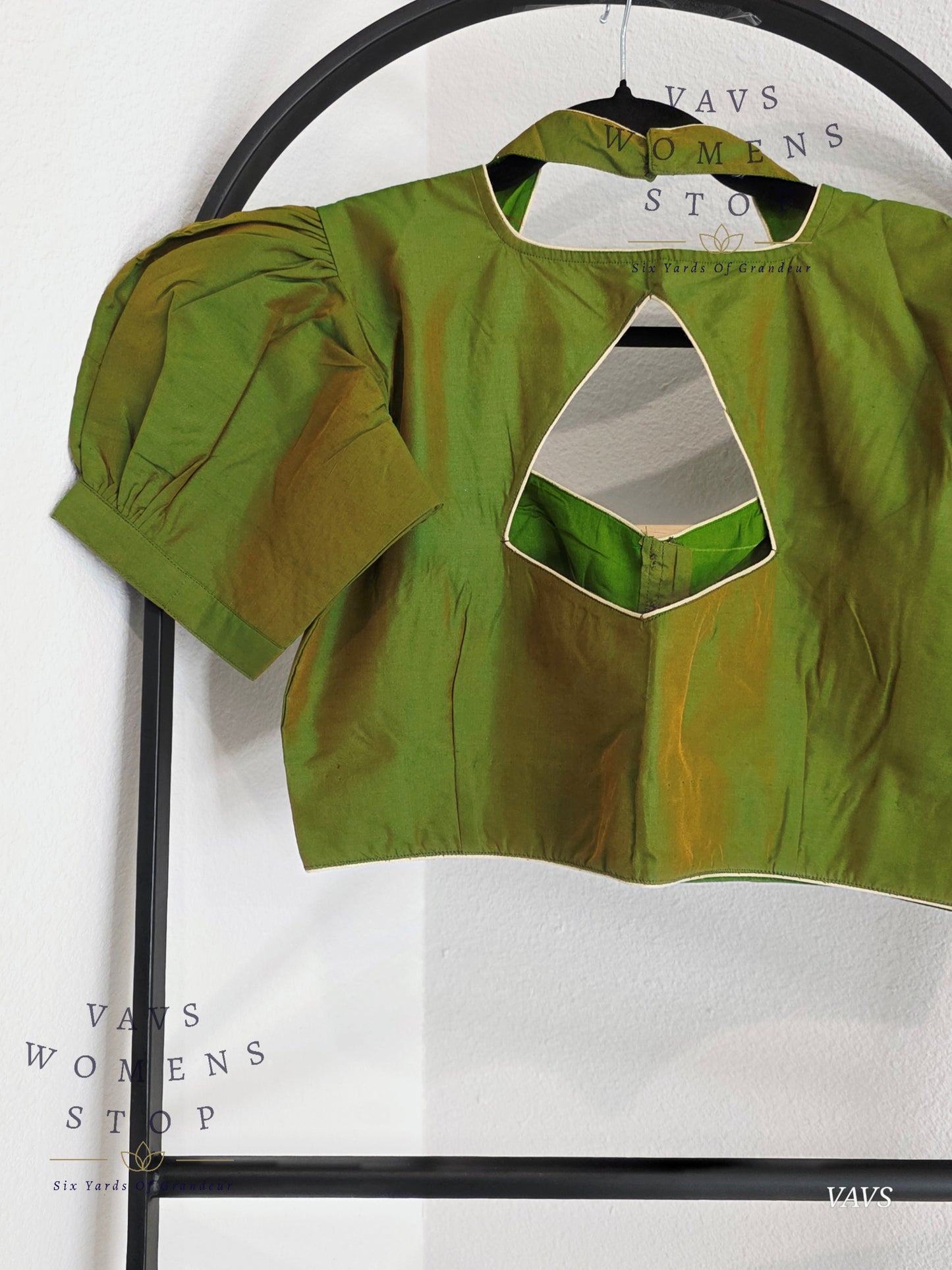 Green Shade Puff Sleeves Stitched Blouse