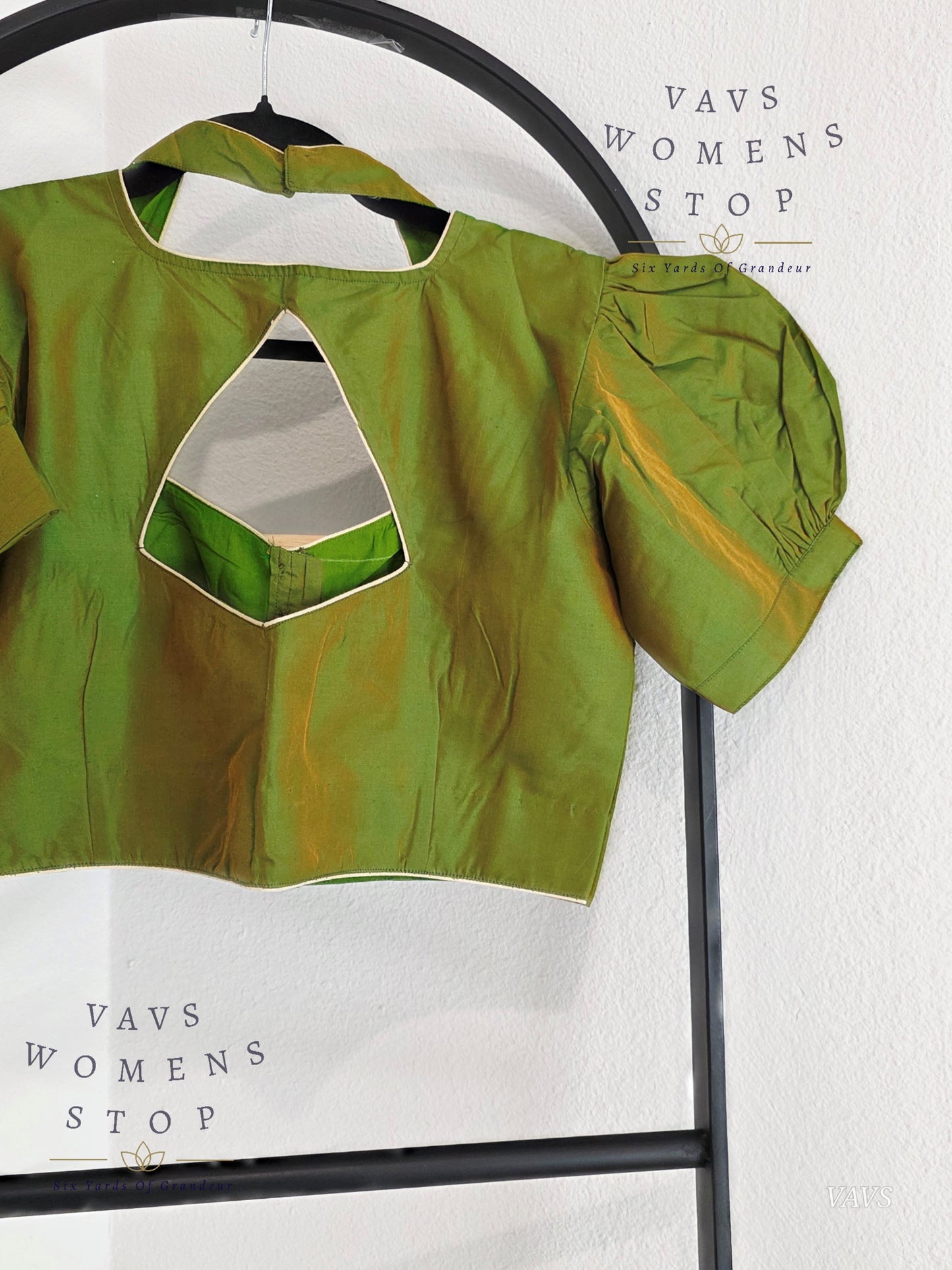 Green Shade Puff Sleeves Stitched Blouse