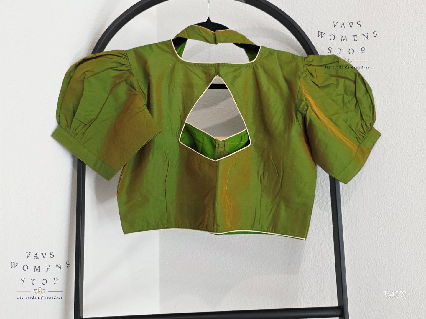 Green Shade Puff Sleeves Stitched Blouse