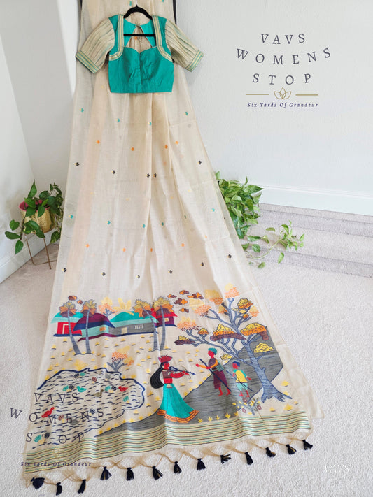 Beige Muga Cotton Soft Saree with Jamdani Pallu | Stitched Blouse