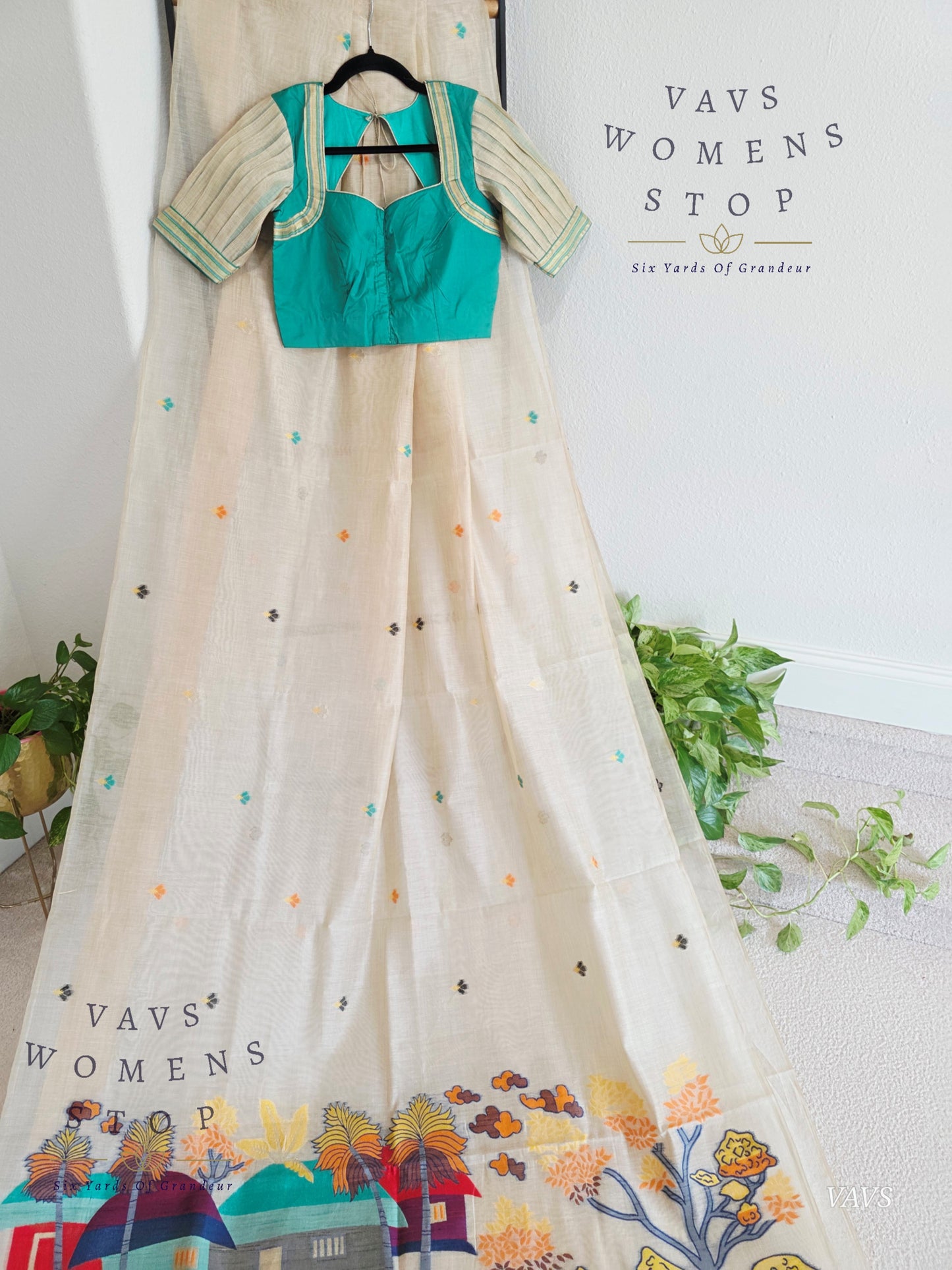 Beige Muga Cotton Soft Saree with Jamdani Pallu | Stitched Blouse