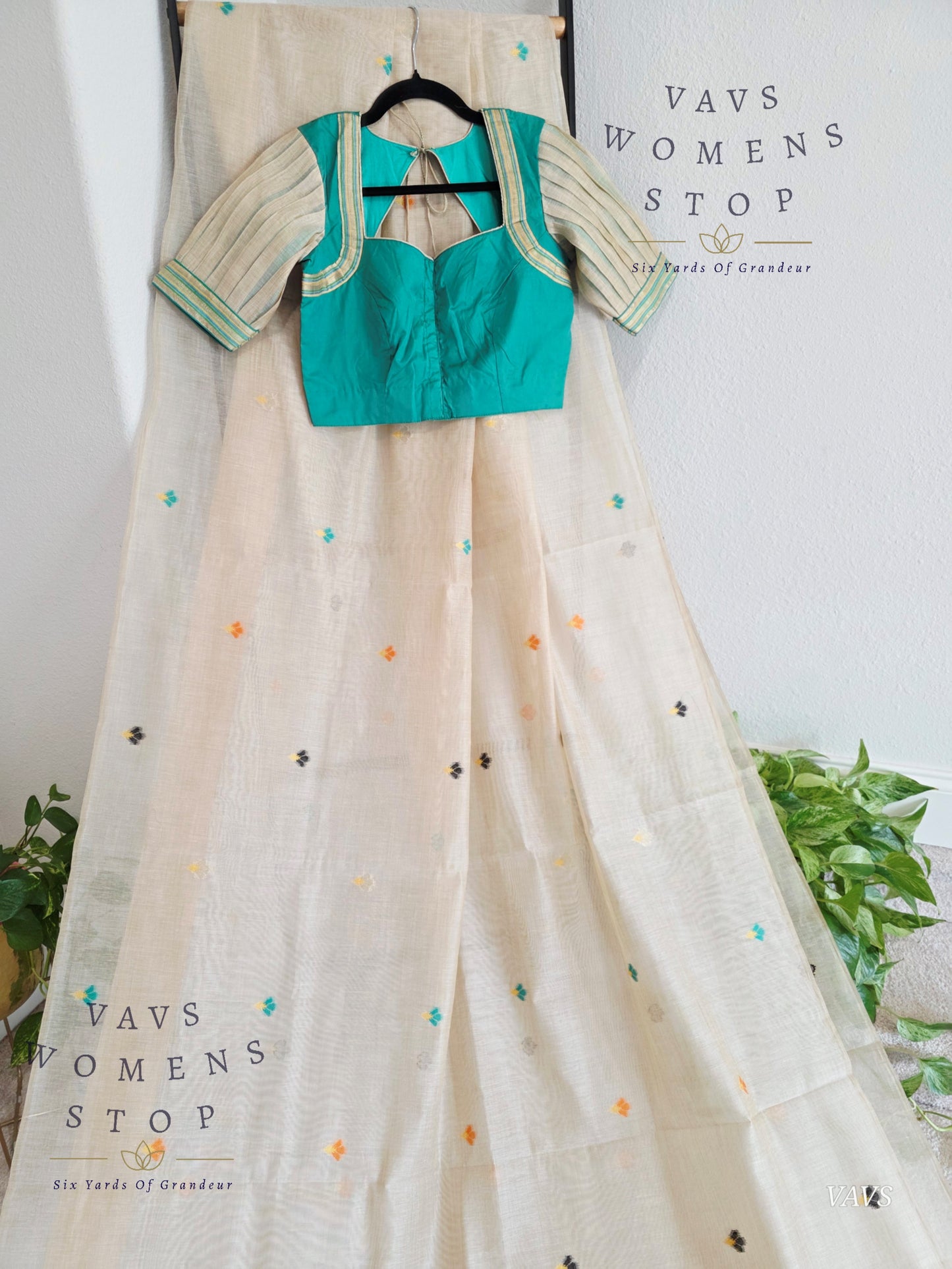 Beige Muga Cotton Soft Saree with Jamdani Pallu | Stitched Blouse