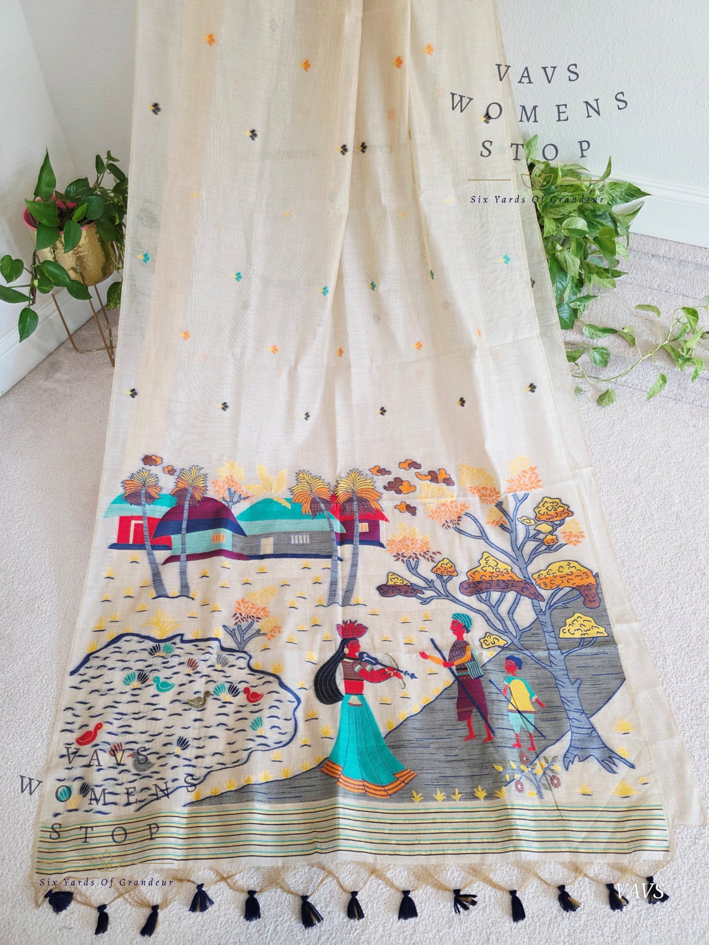 Beige Muga Cotton Soft Saree with Jamdani Pallu | Stitched Blouse