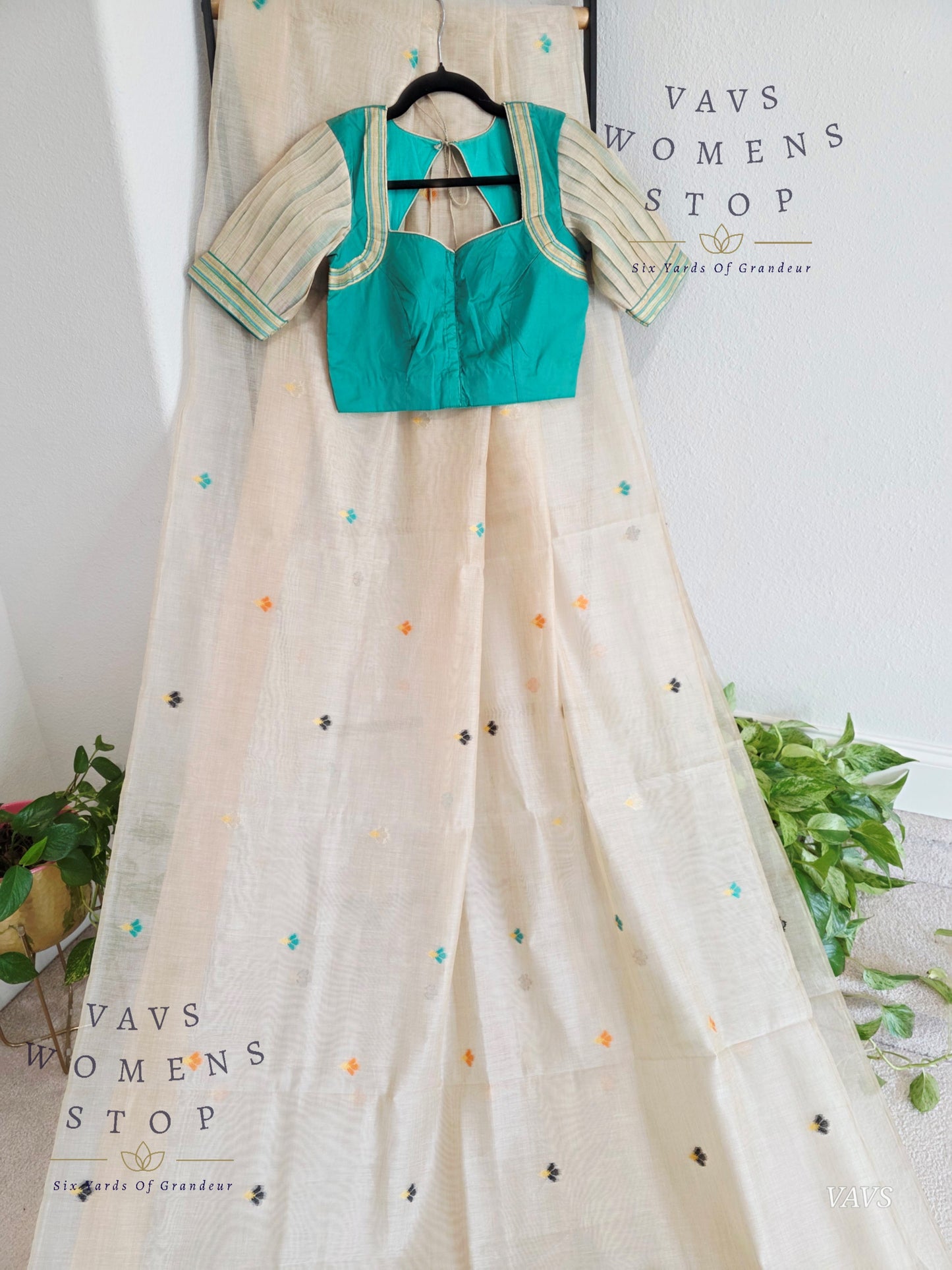 Beige Muga Cotton Soft Saree with Jamdani Pallu | Stitched Blouse