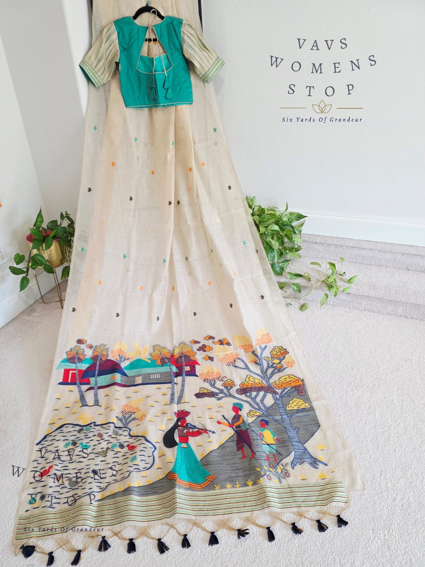 Beige Muga Cotton Soft Saree with Jamdani Pallu | Stitched Blouse