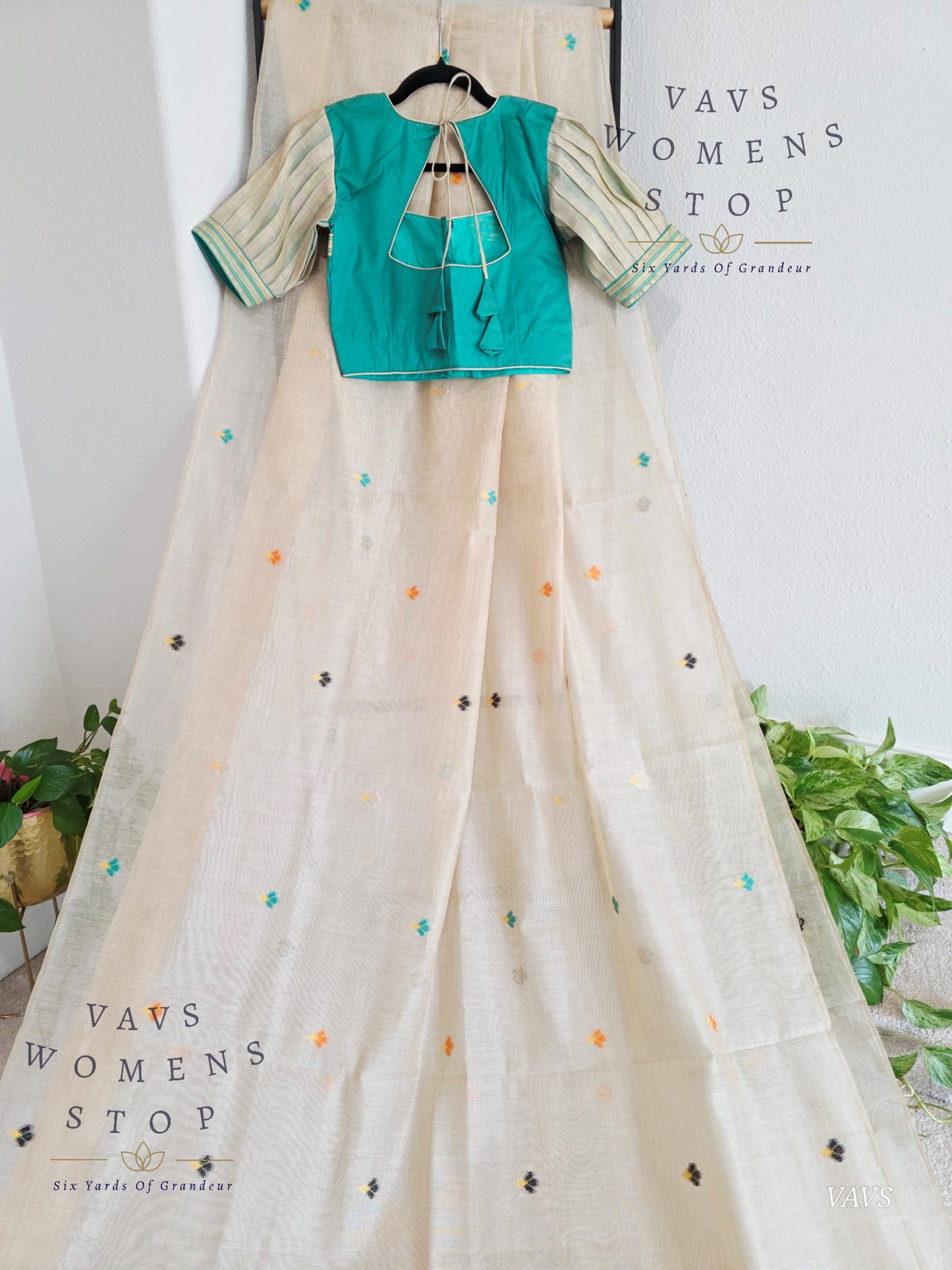 Beige Muga Cotton Soft Saree with Jamdani Pallu | Stitched Blouse