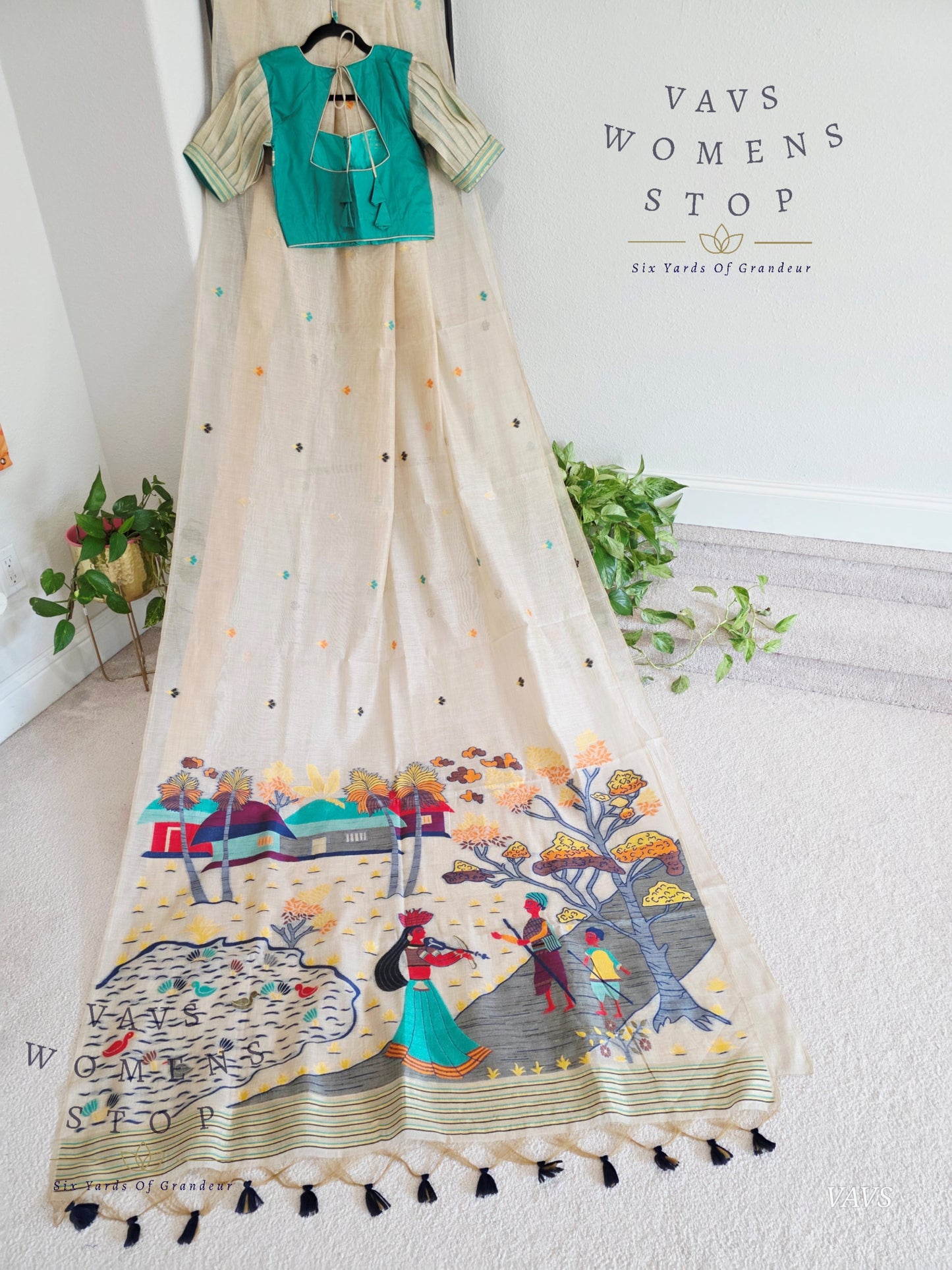 Beige Muga Cotton Soft Saree with Jamdani Pallu | Stitched Blouse