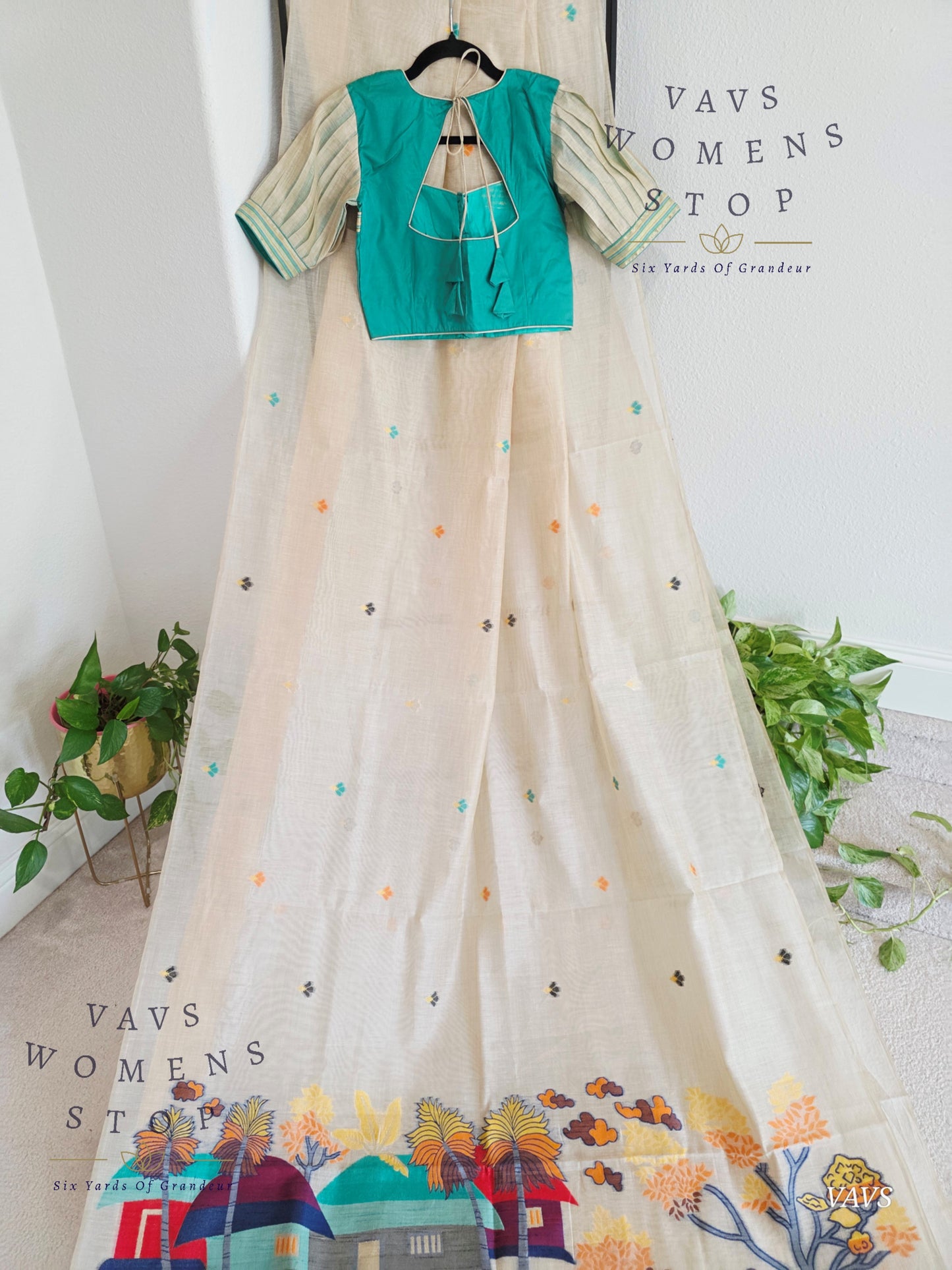 Beige Muga Cotton Soft Saree with Jamdani Pallu | Stitched Blouse