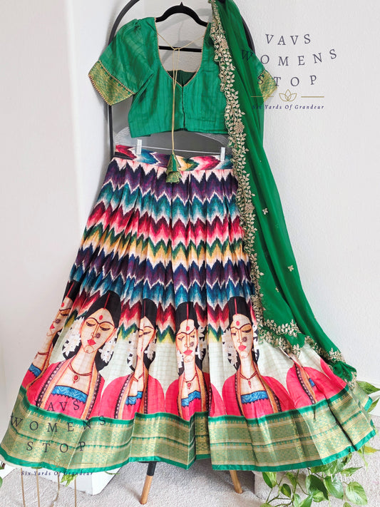 Semi Gadwal Silk Cotton Designer Kalamkari Print Half Saree/ Lehenga Set