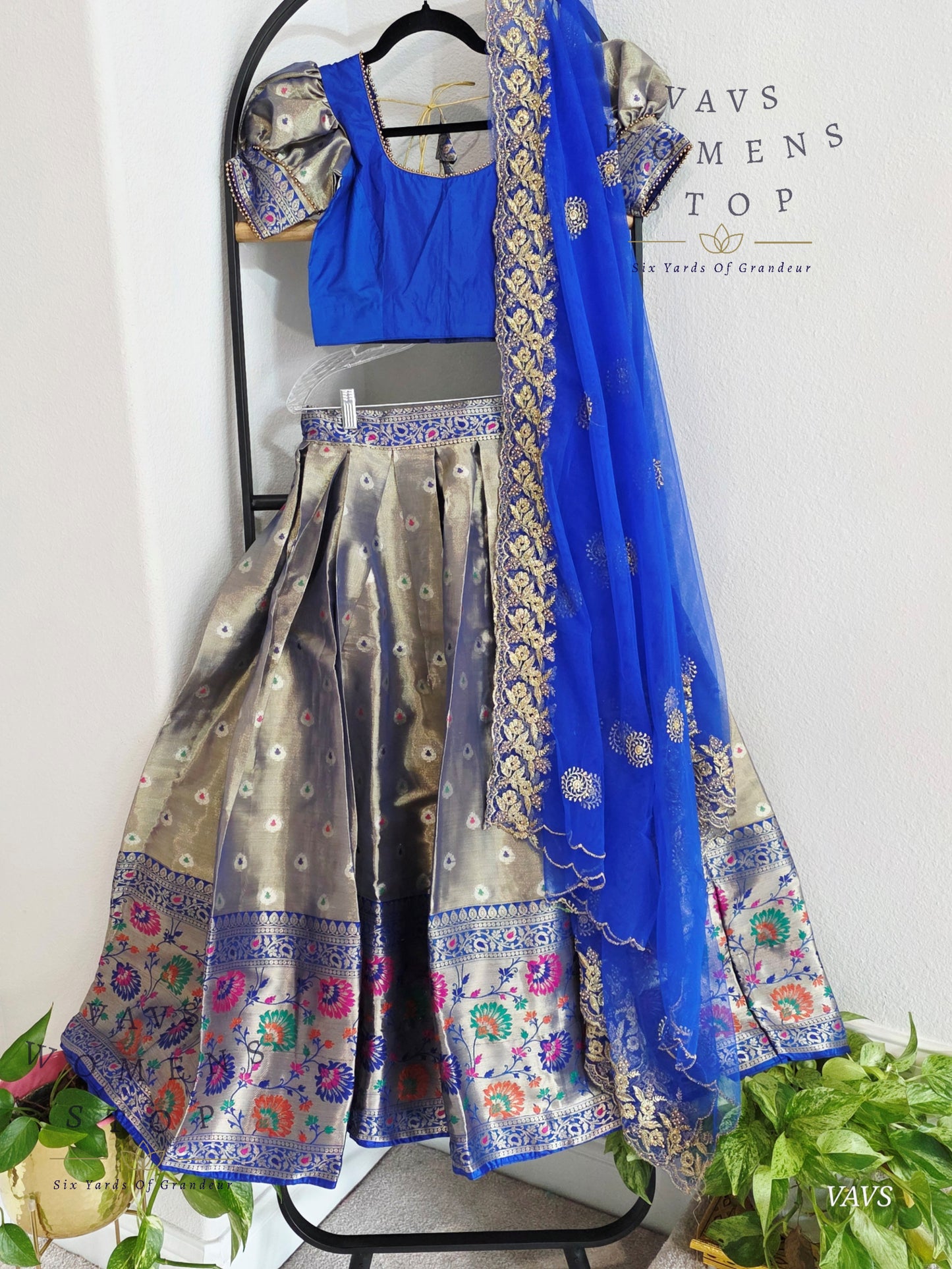 Grey Tissue Paithani Border Half Saree Set (Langa Voni) with Dupatta | Blouse Size 32–38 |