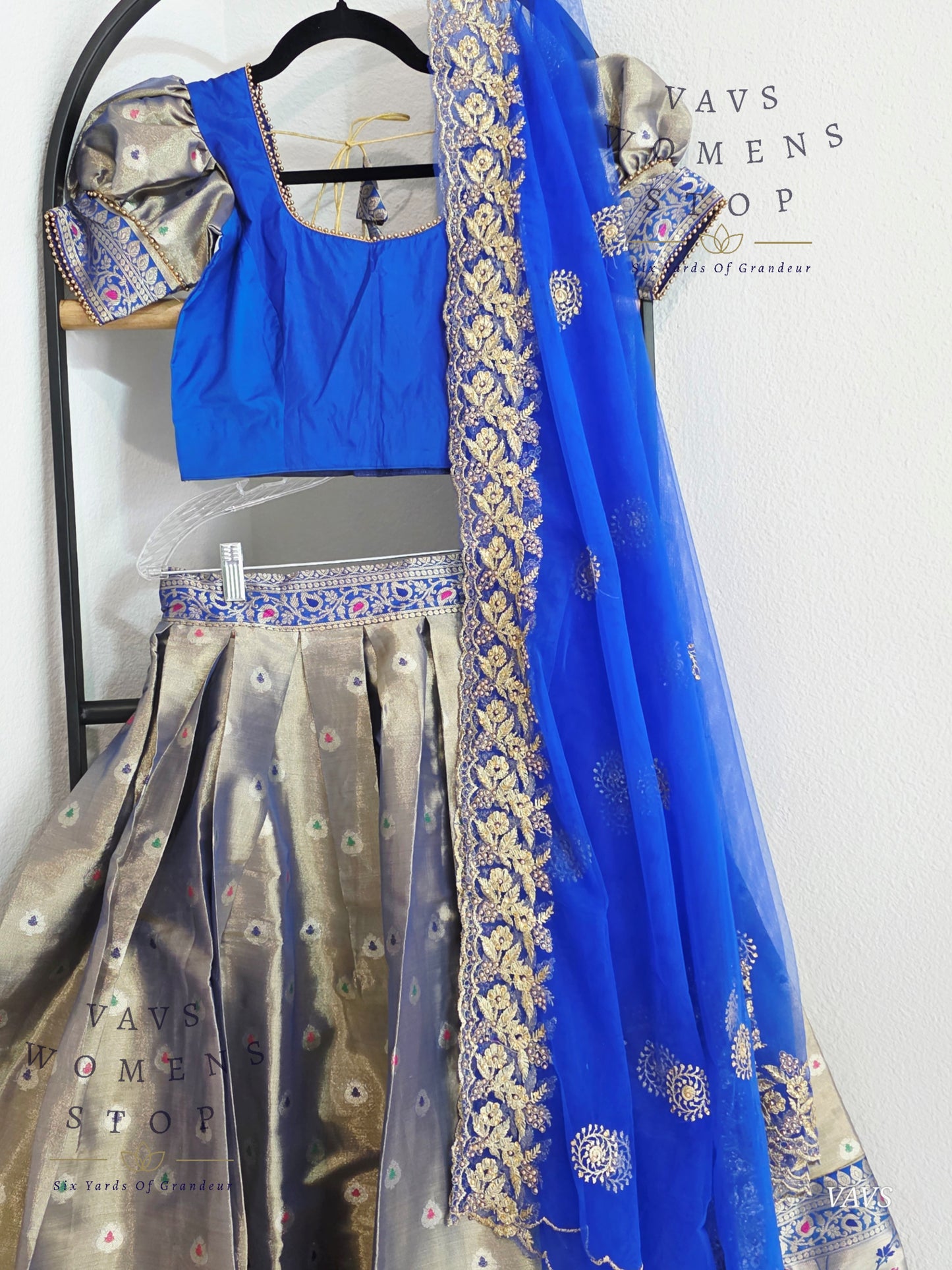 Grey Tissue Paithani Border Half Saree Set (Langa Voni) with Dupatta | Blouse Size 32–38 |