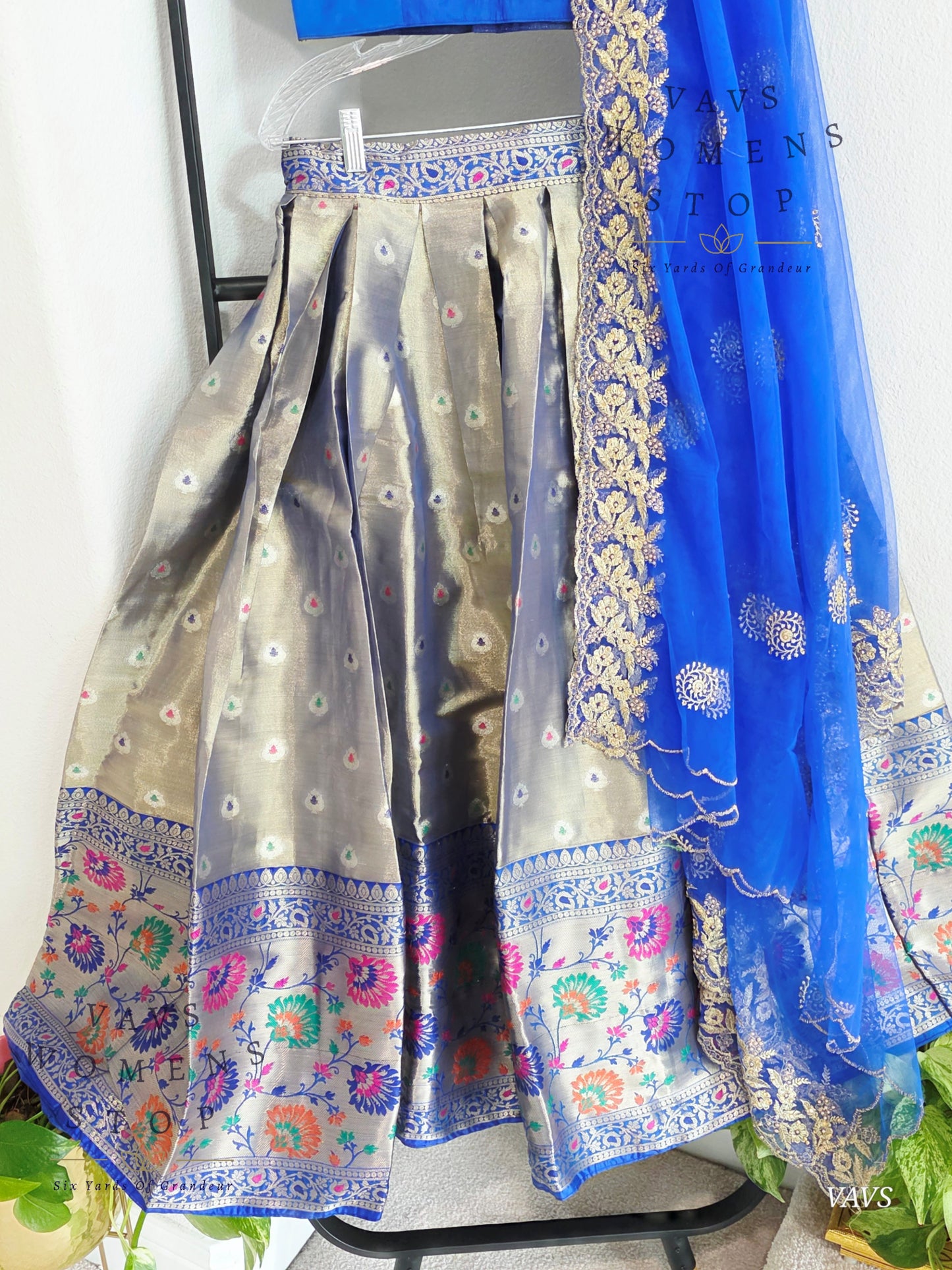 Grey Tissue Paithani Border Half Saree Set (Langa Voni) with Dupatta | Blouse Size 32–38 |