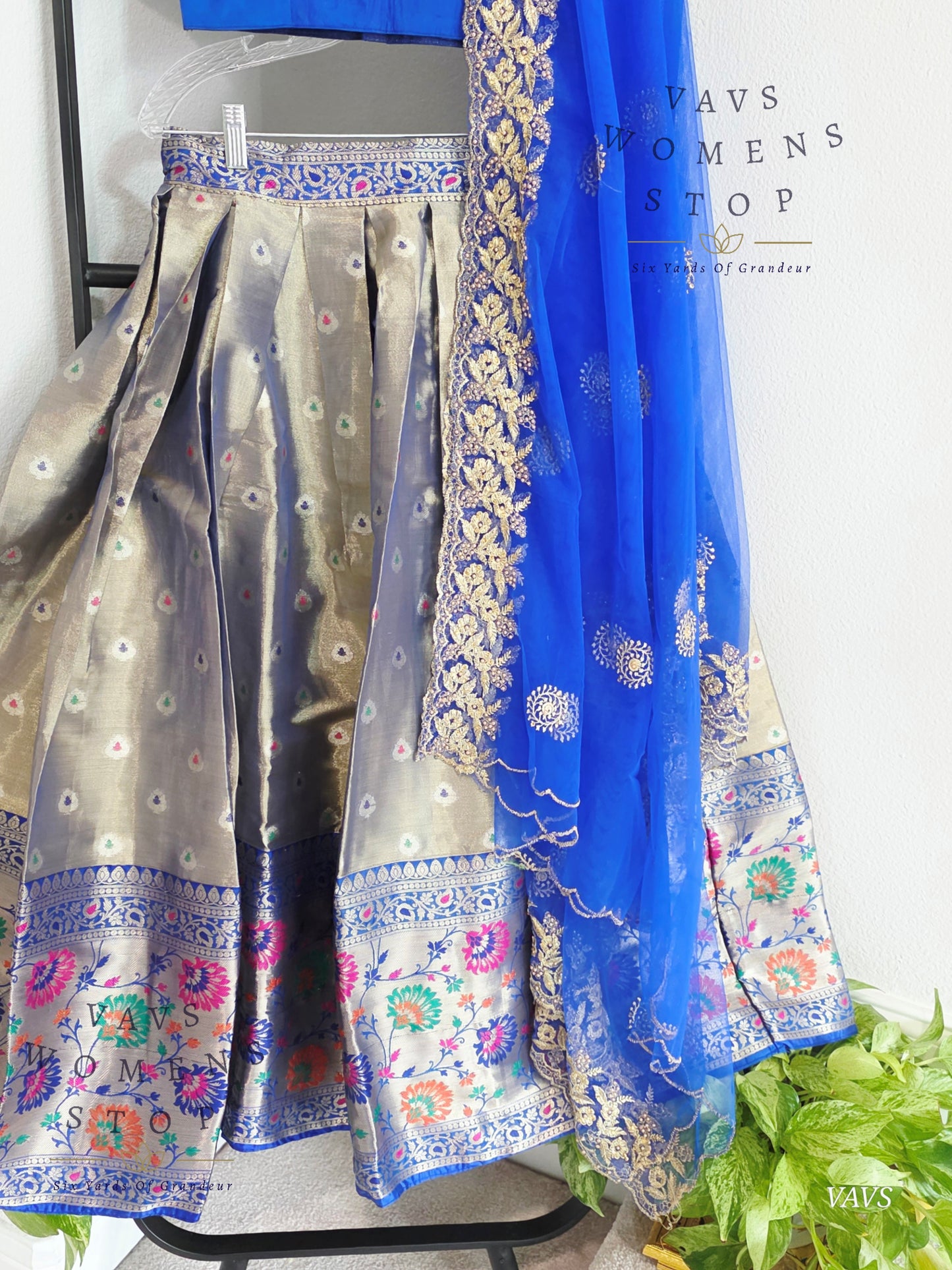 Grey Tissue Paithani Border Half Saree Set (Langa Voni) with Dupatta | Blouse Size 32–38 |