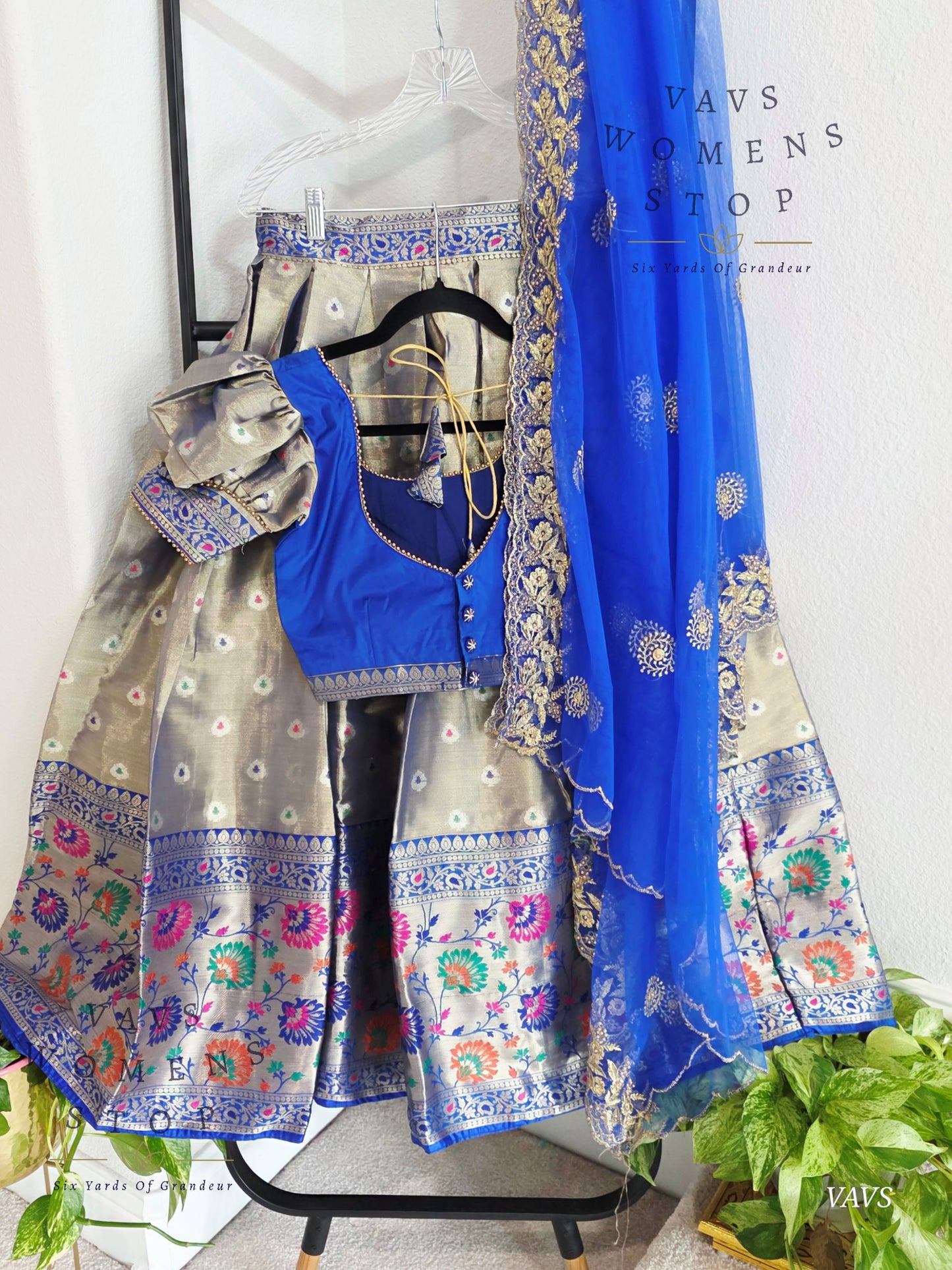 Grey Tissue Paithani Border Half Saree Set (Langa Voni) with Dupatta | Blouse Size 32–38 |