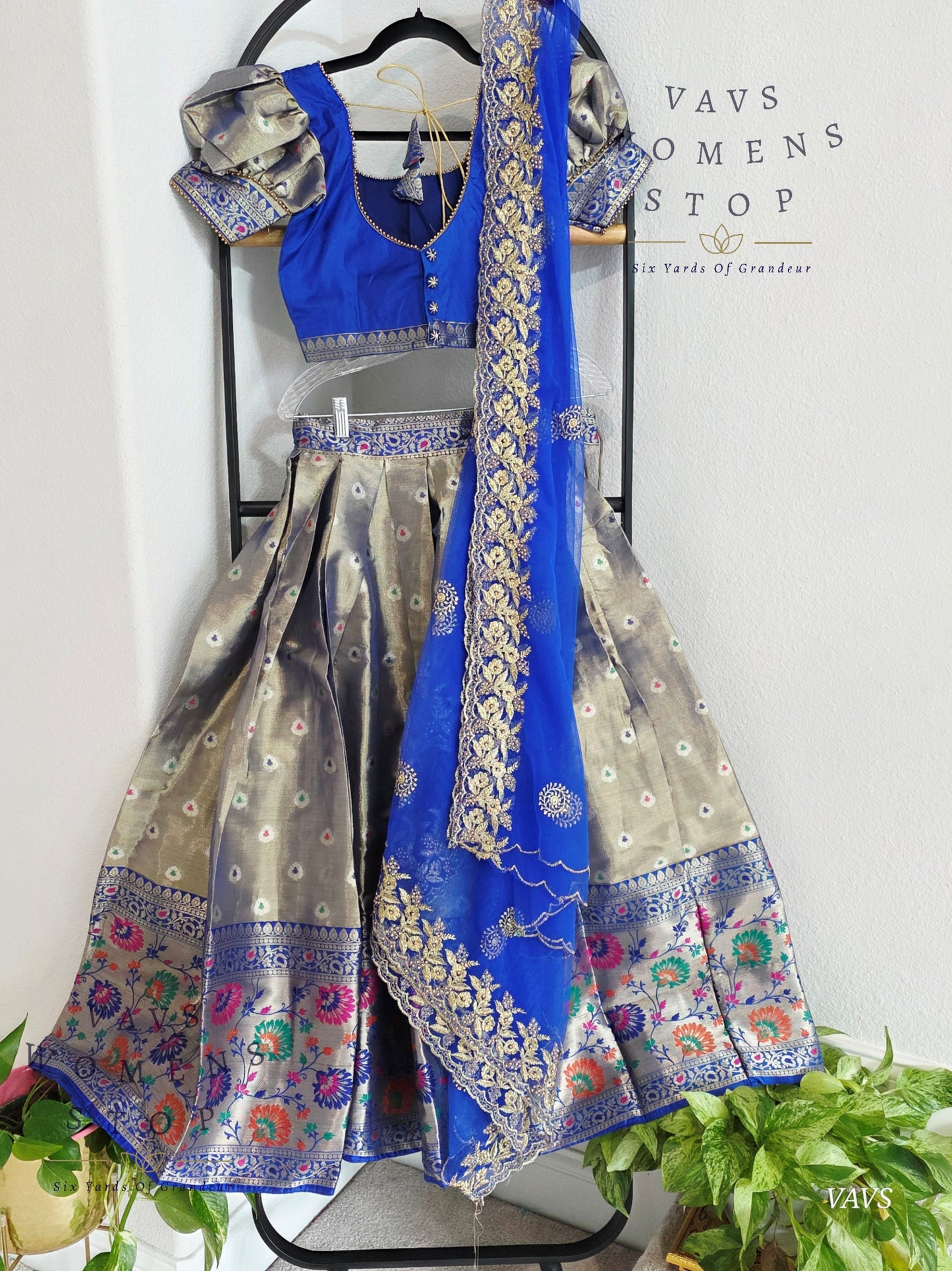 Grey Tissue Paithani Border Half Saree Set (Langa Voni) with Dupatta | Blouse Size 32–38 |