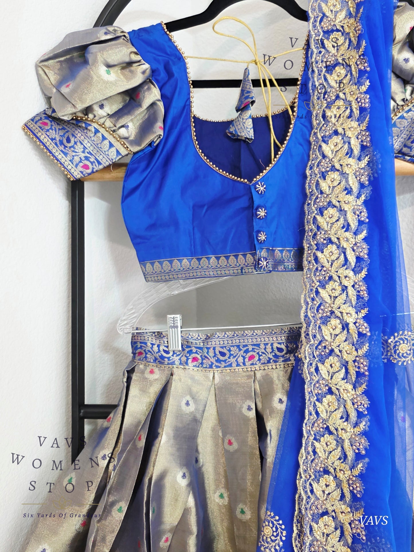 Grey Tissue Paithani Border Half Saree Set (Langa Voni) with Dupatta | Blouse Size 32–38 |