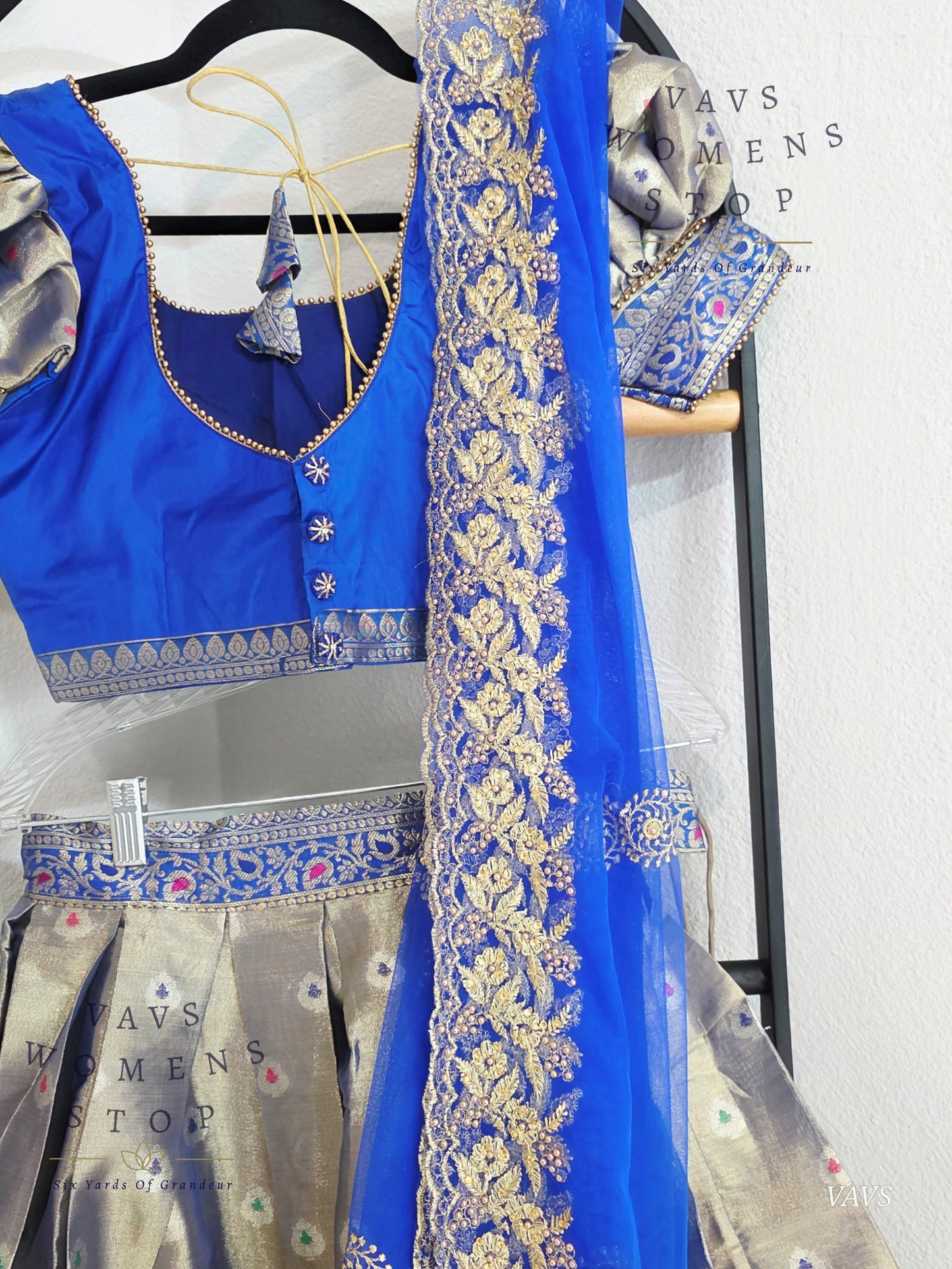 Grey Tissue Paithani Border Half Saree Set (Langa Voni) with Dupatta | Blouse Size 32–38 |