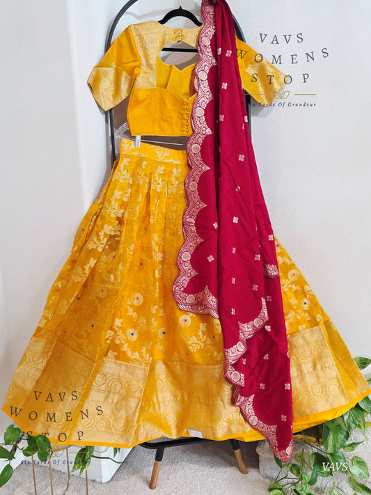 Meenakari Designer Yellow Orange Shade Organza Lehenga Set