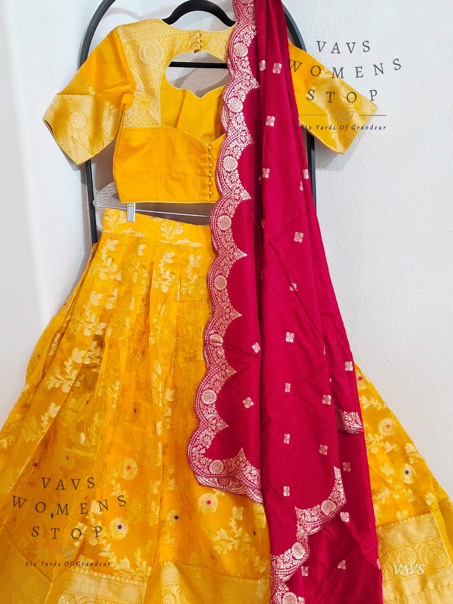 Meenakari Designer Yellow Orange Shade Organza Lehenga Set