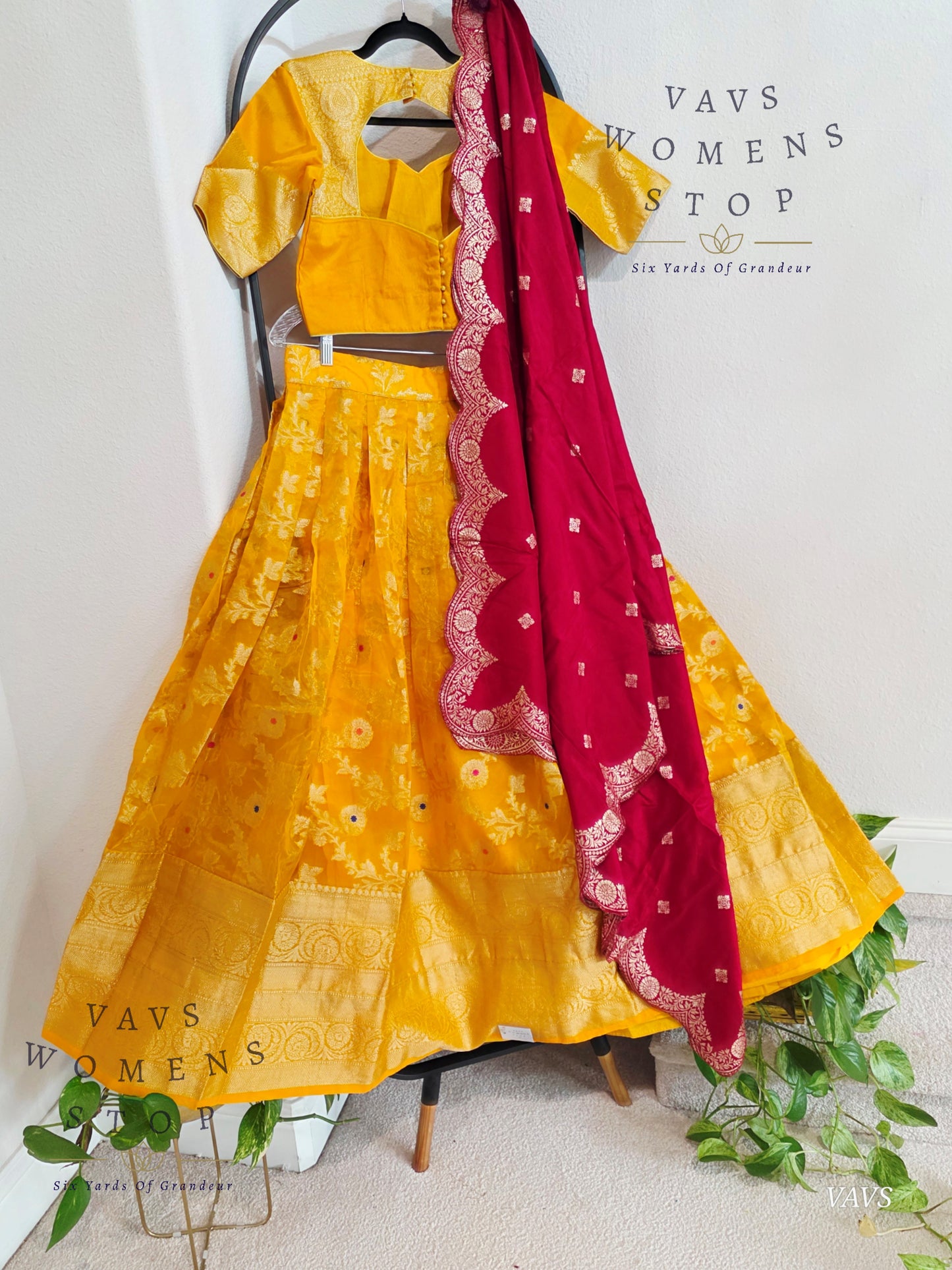 Meenakari Designer Yellow Orange Shade Organza Lehenga Set