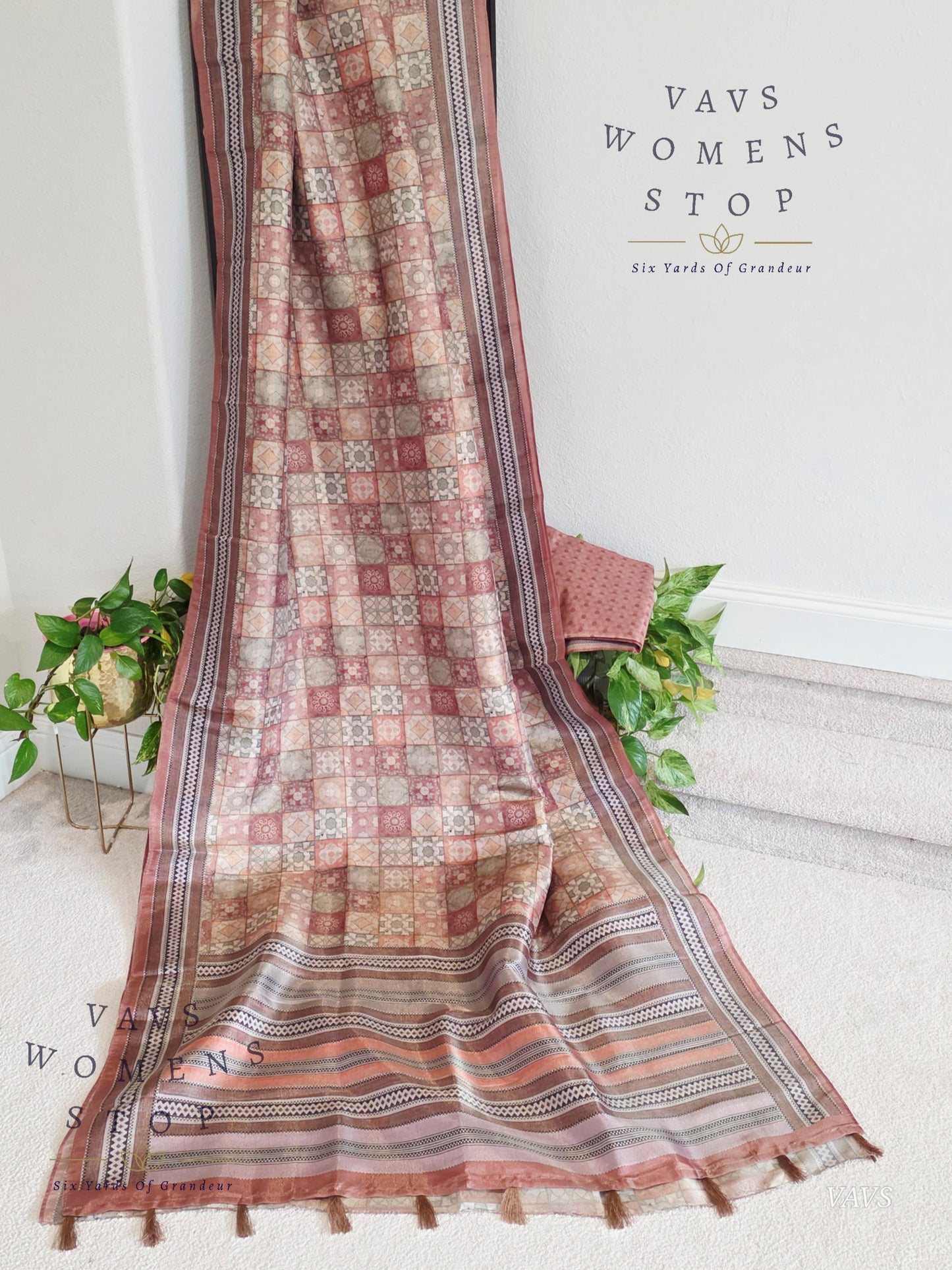 Ajrakh Print Semi Tussar Silk Saree | Checkered Pattern | Ready to Wear with Blouse Piece | Ready to Ship from Texas |  | 
