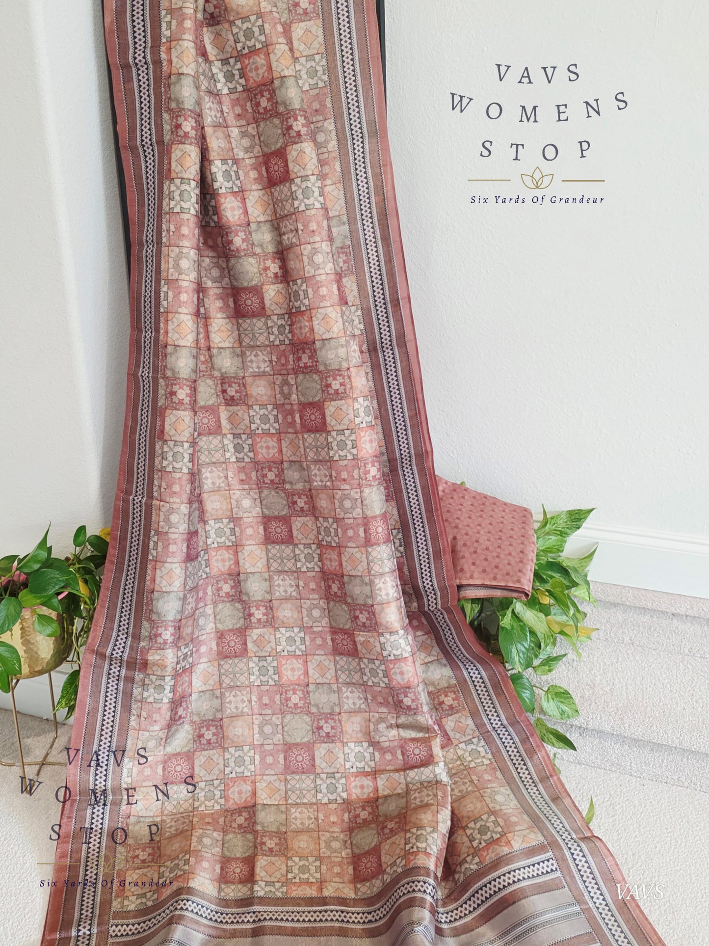 Ajrakh Print Checkered Pattern Semi Tussar Silk Saree