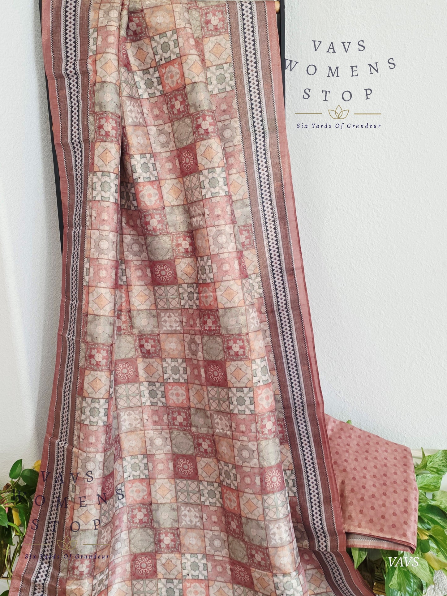Ajrakh Print Checkered Pattern Semi Tussar Silk Saree