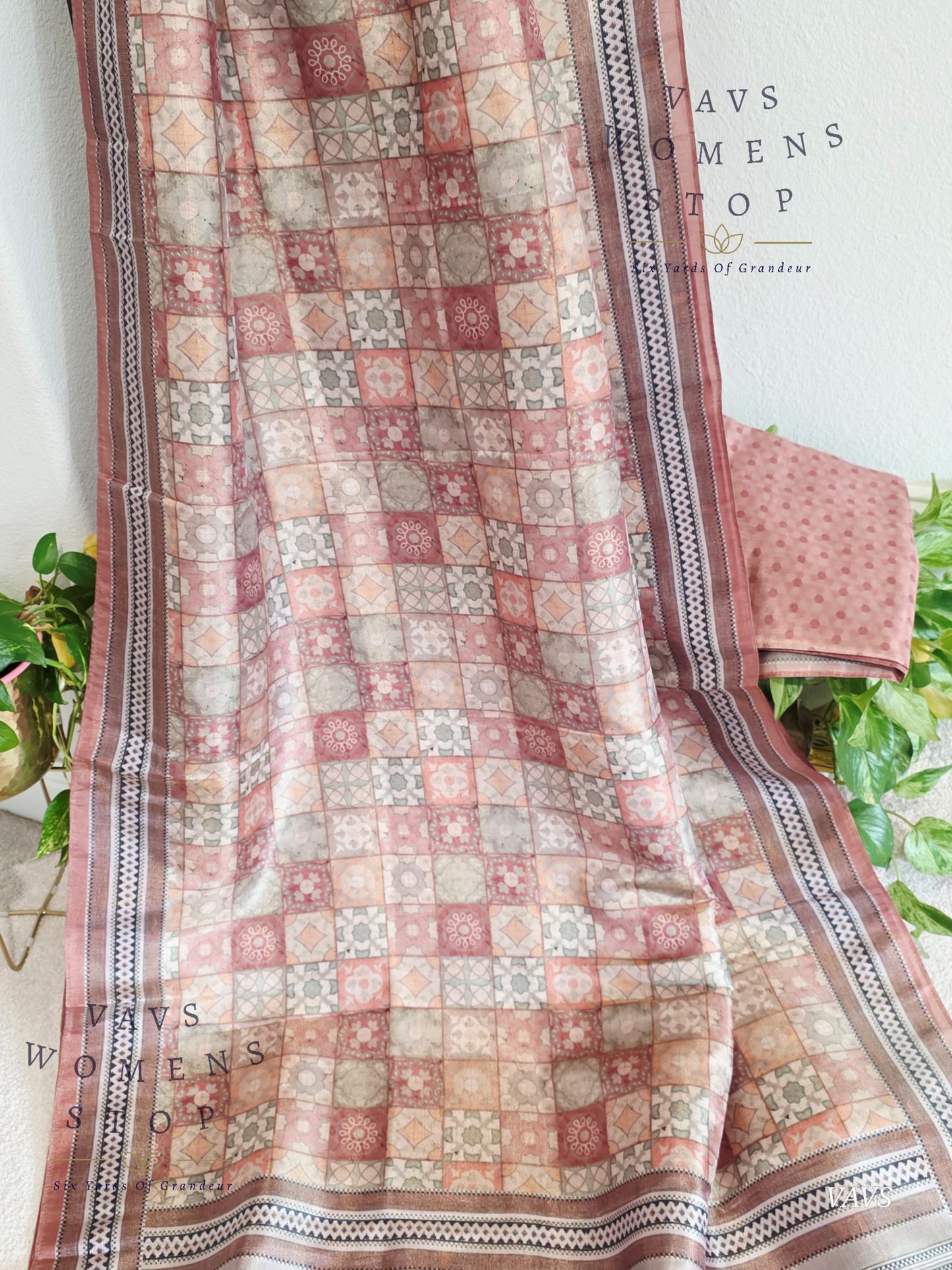 Ajrakh Print Checkered Pattern Semi Tussar Silk Saree